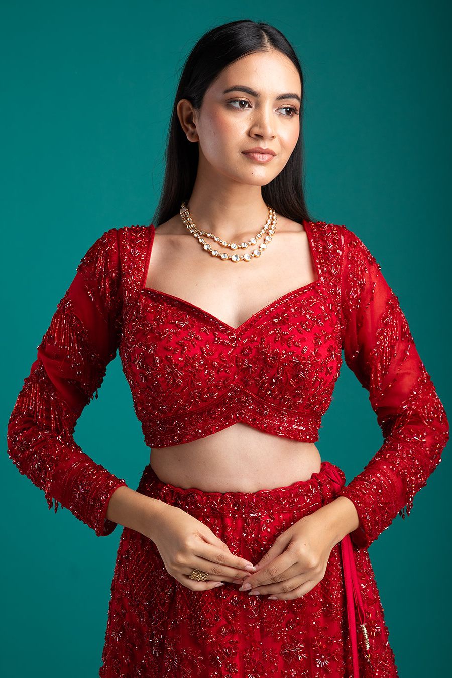 Ruby Red Embellished Lehenga with Exquisite Detailing - Mokshaa