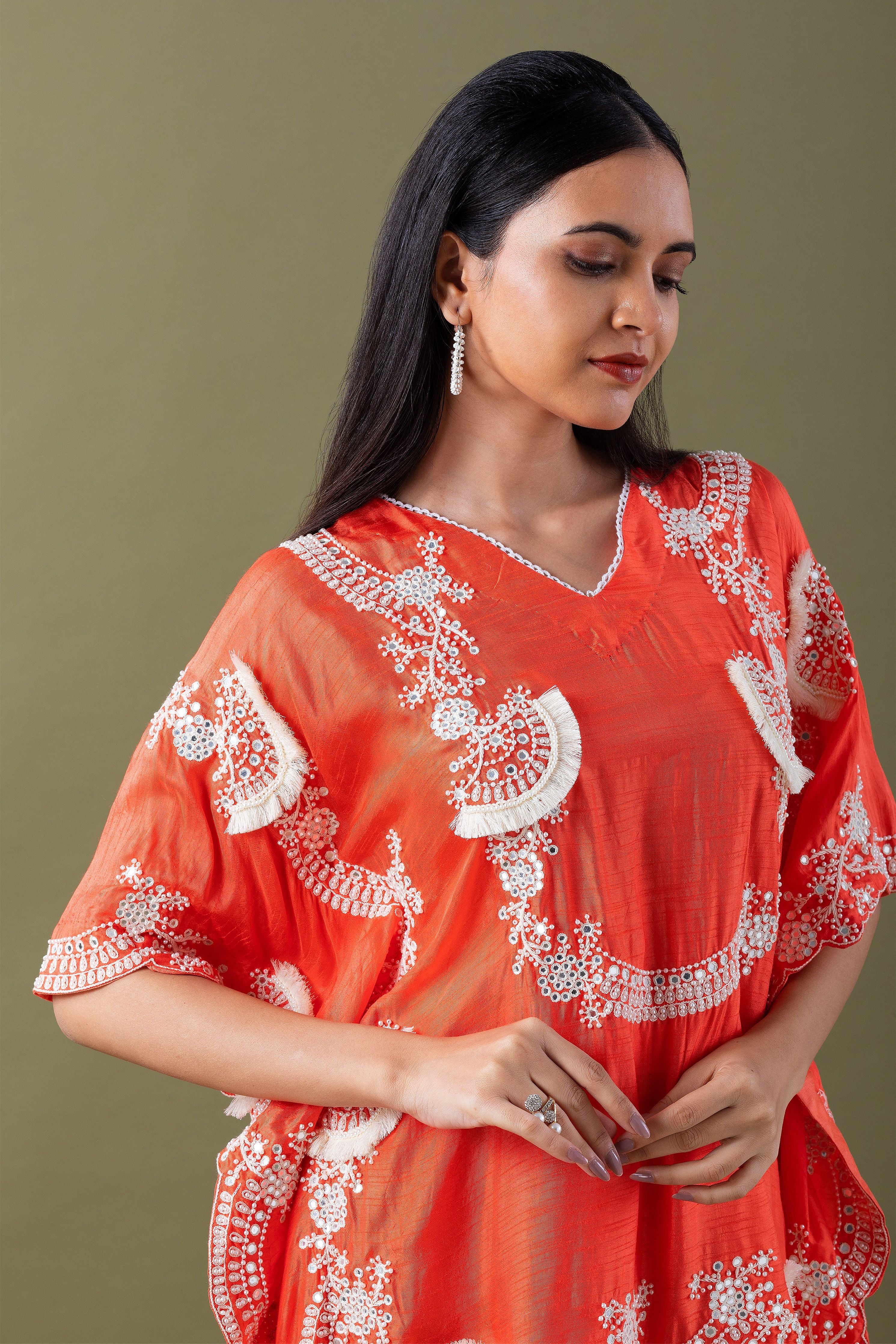 Coral Embriodred Kaftan Set - Mokshaa