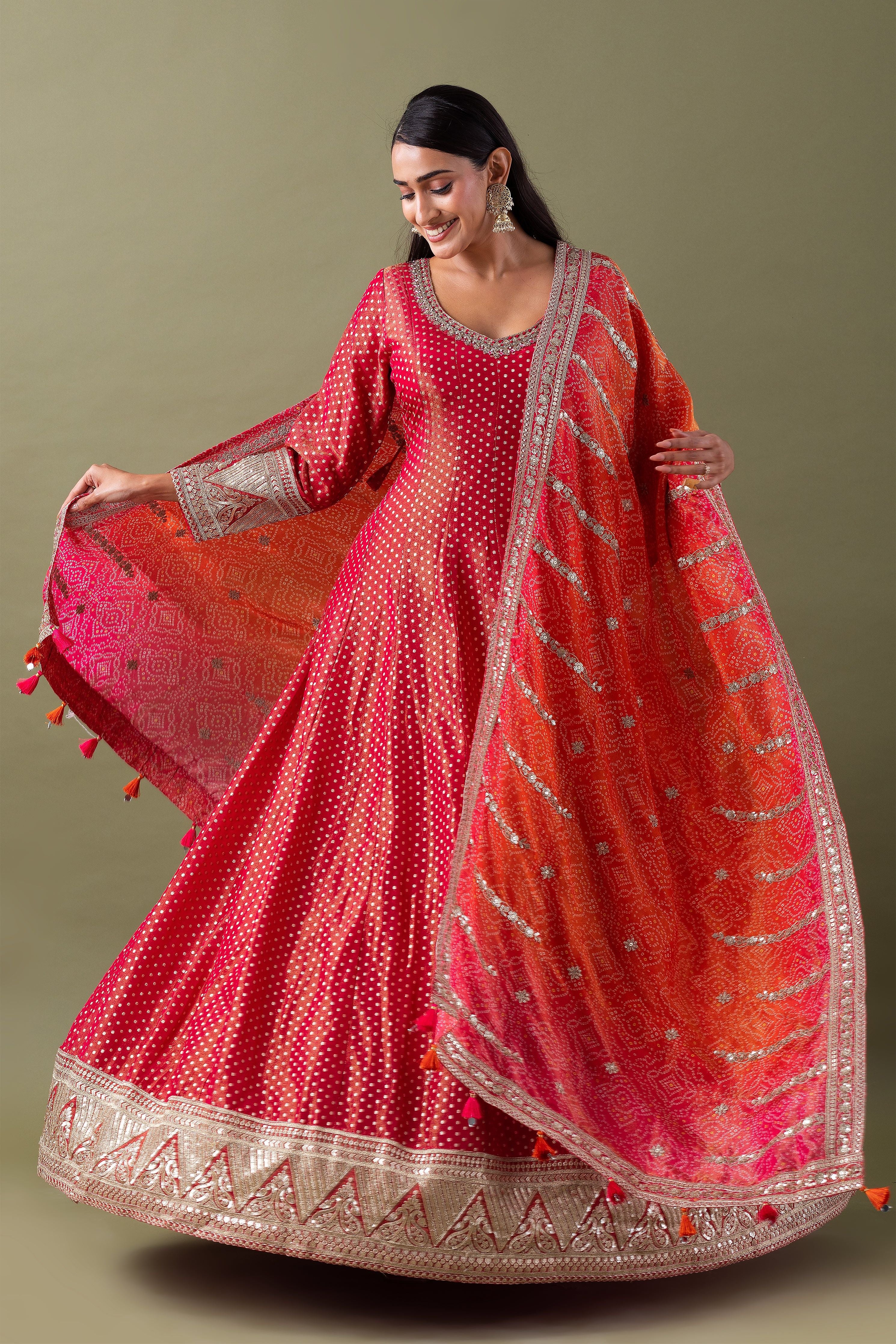 Red Bandhani Anarkali Set With Dupatta - Mokshaa