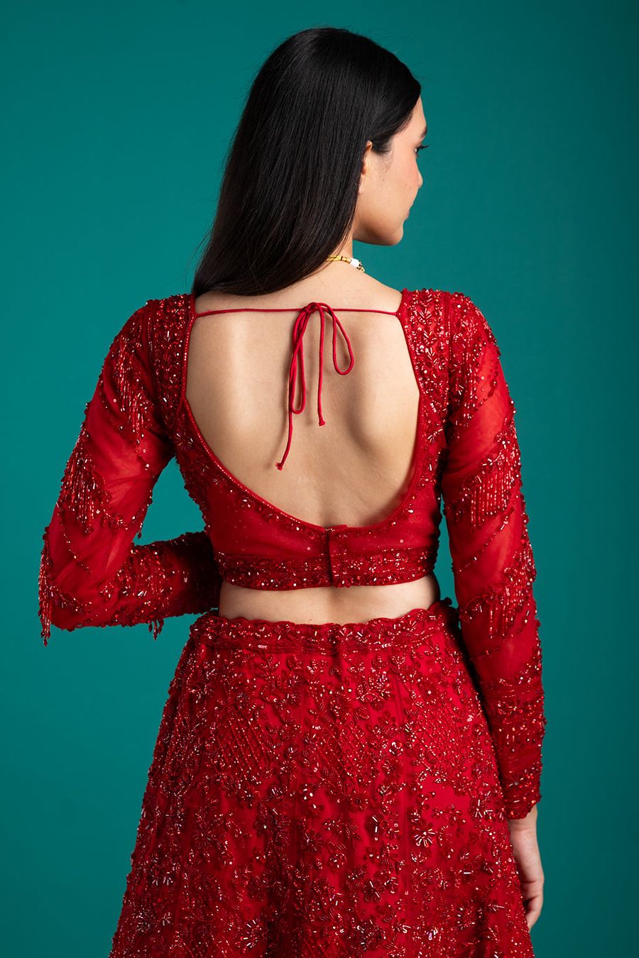 Ruby Red Embellished Lehenga with Exquisite Detailing - Mokshaa