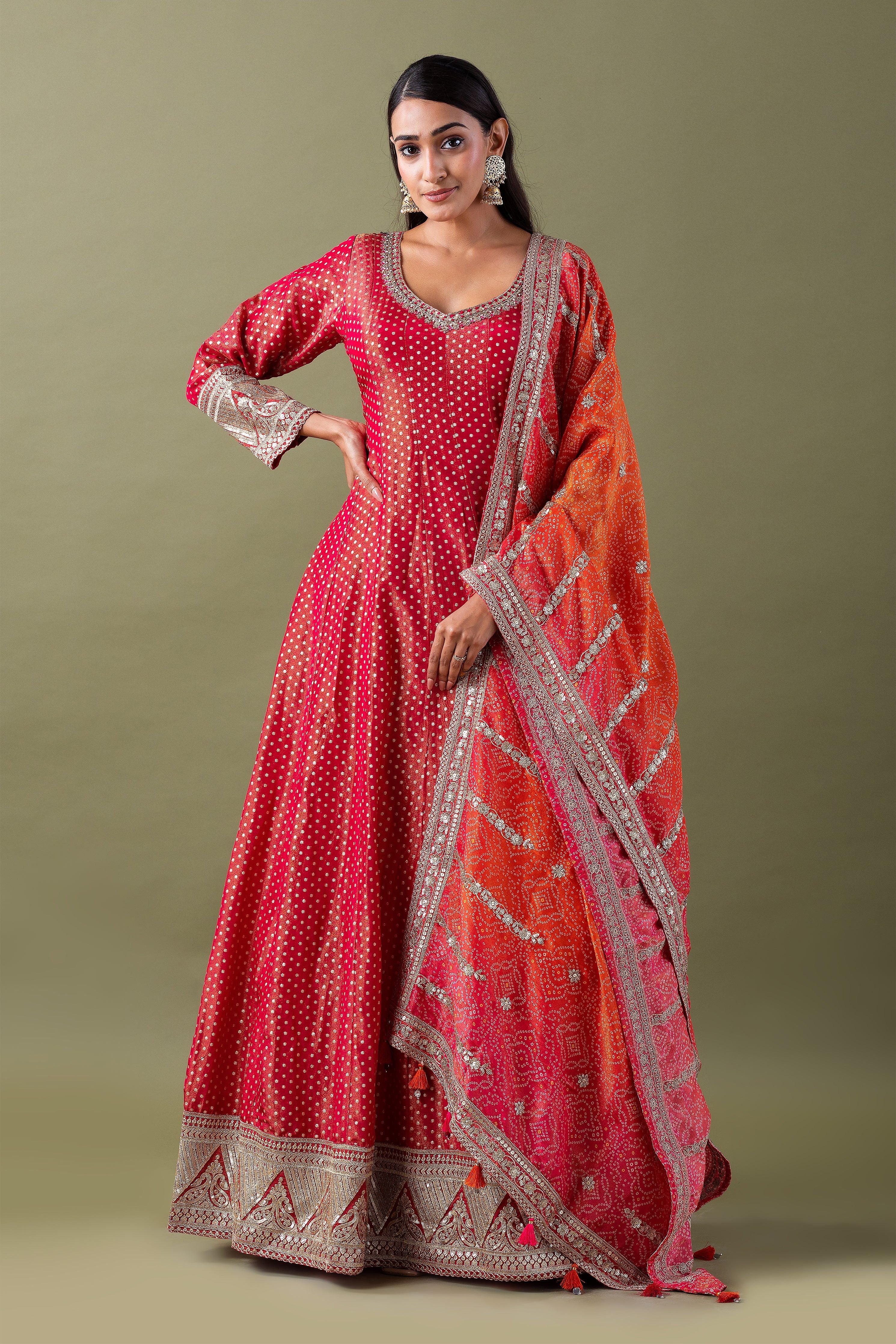 Red Bandhani Anarkali Set with Dupatta