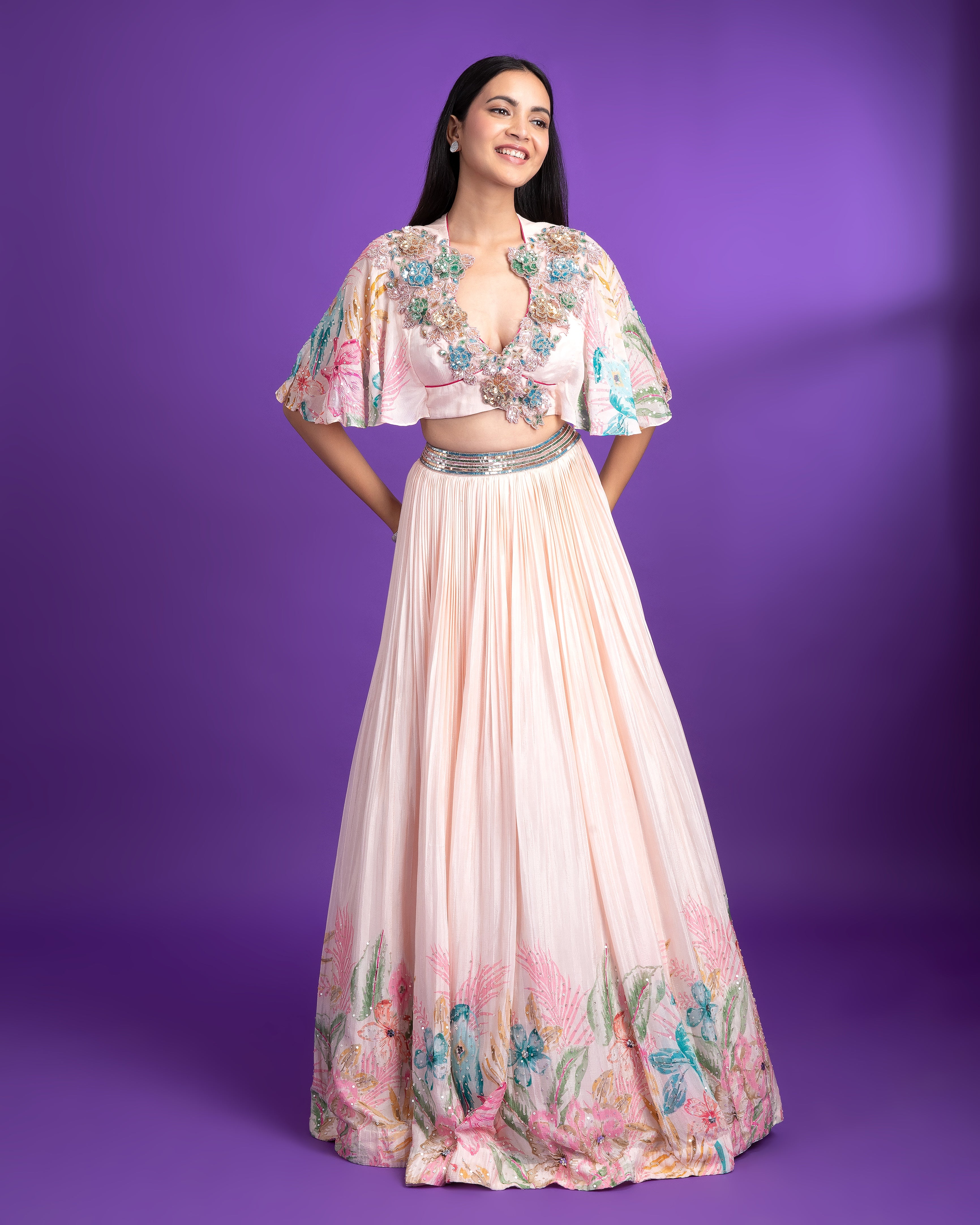 Pink Crepe Floral Printed lehenga - Mokshaa