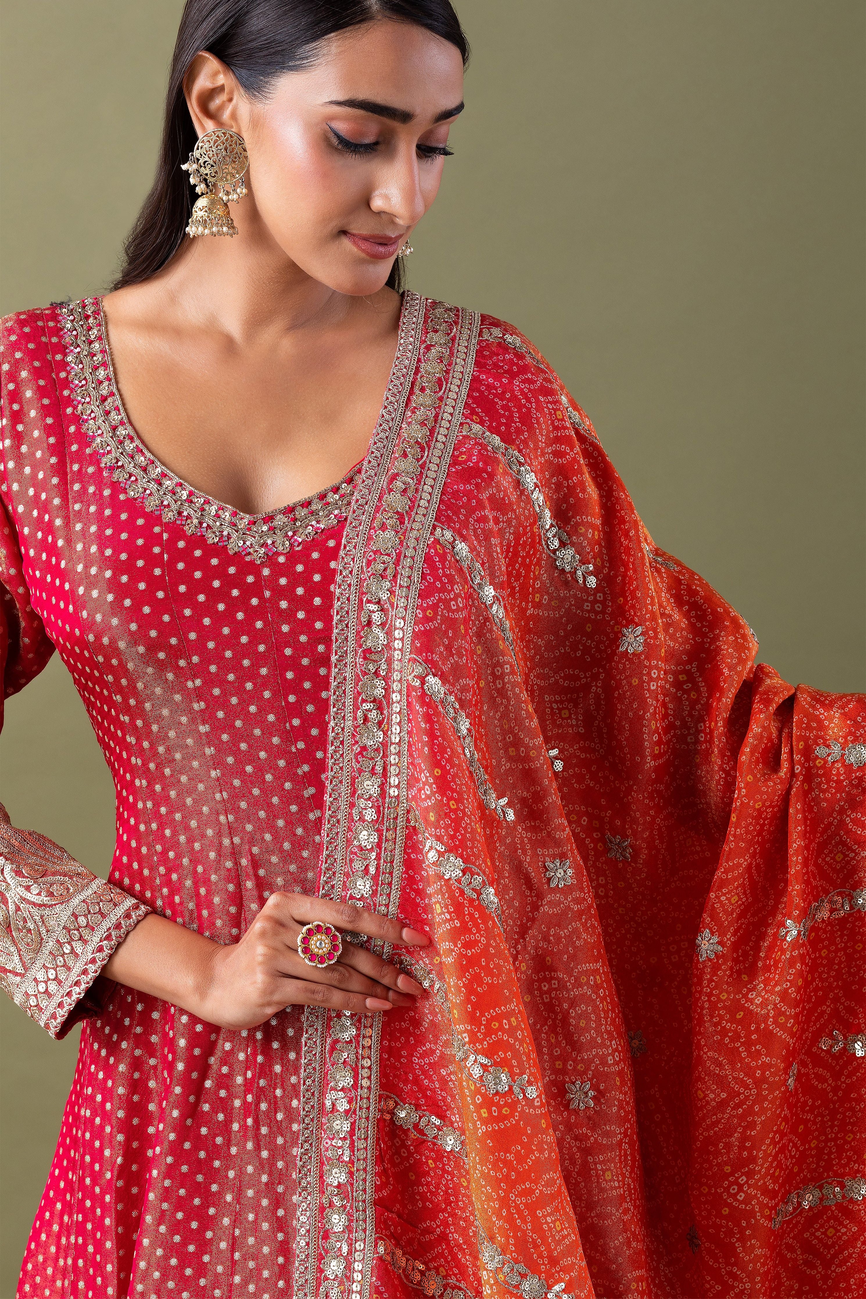 Red Bandhani Anarkali Set with Dupatta