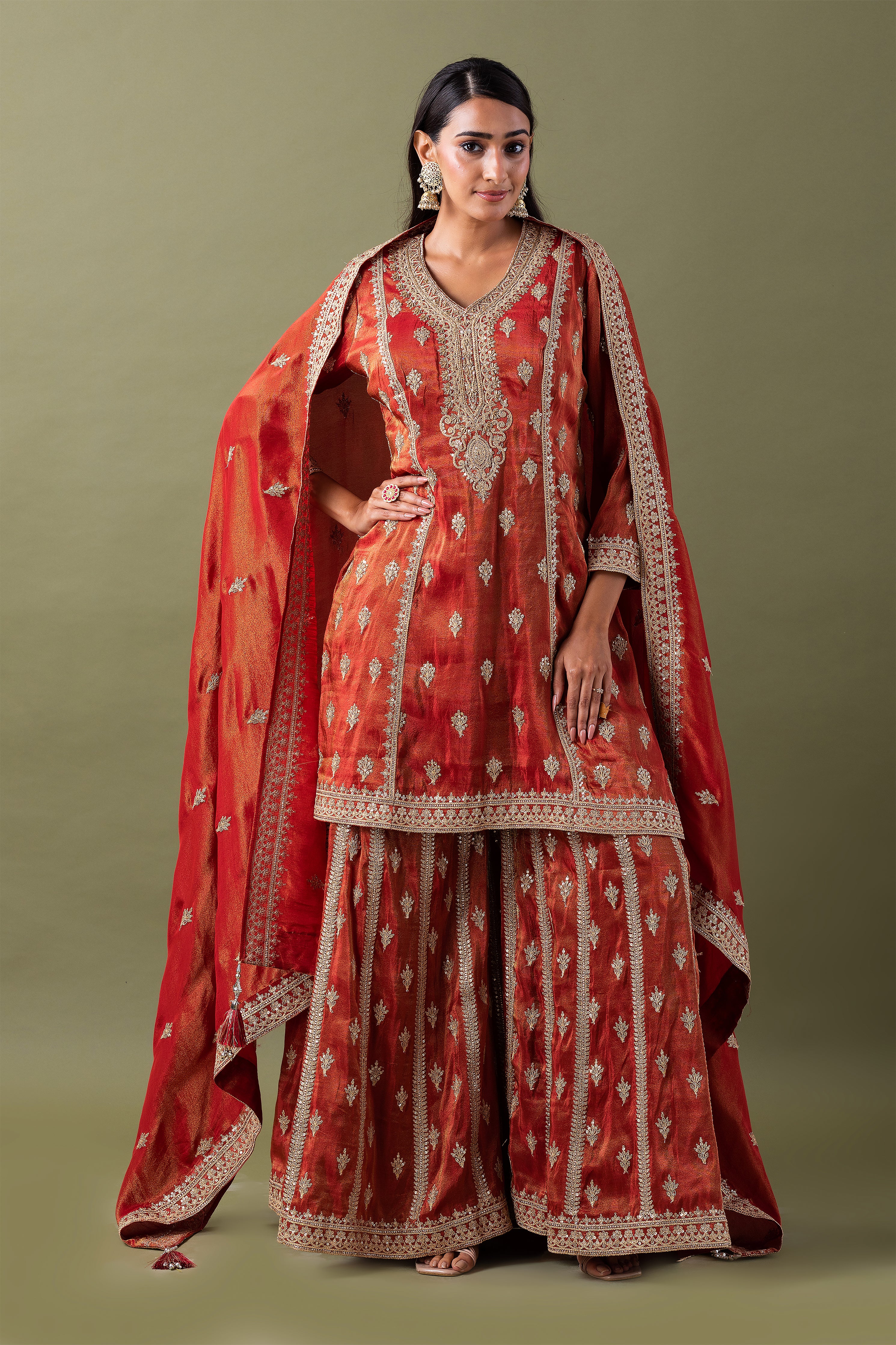 Rust Zari Embroidered Kurta Set - Mokshaa