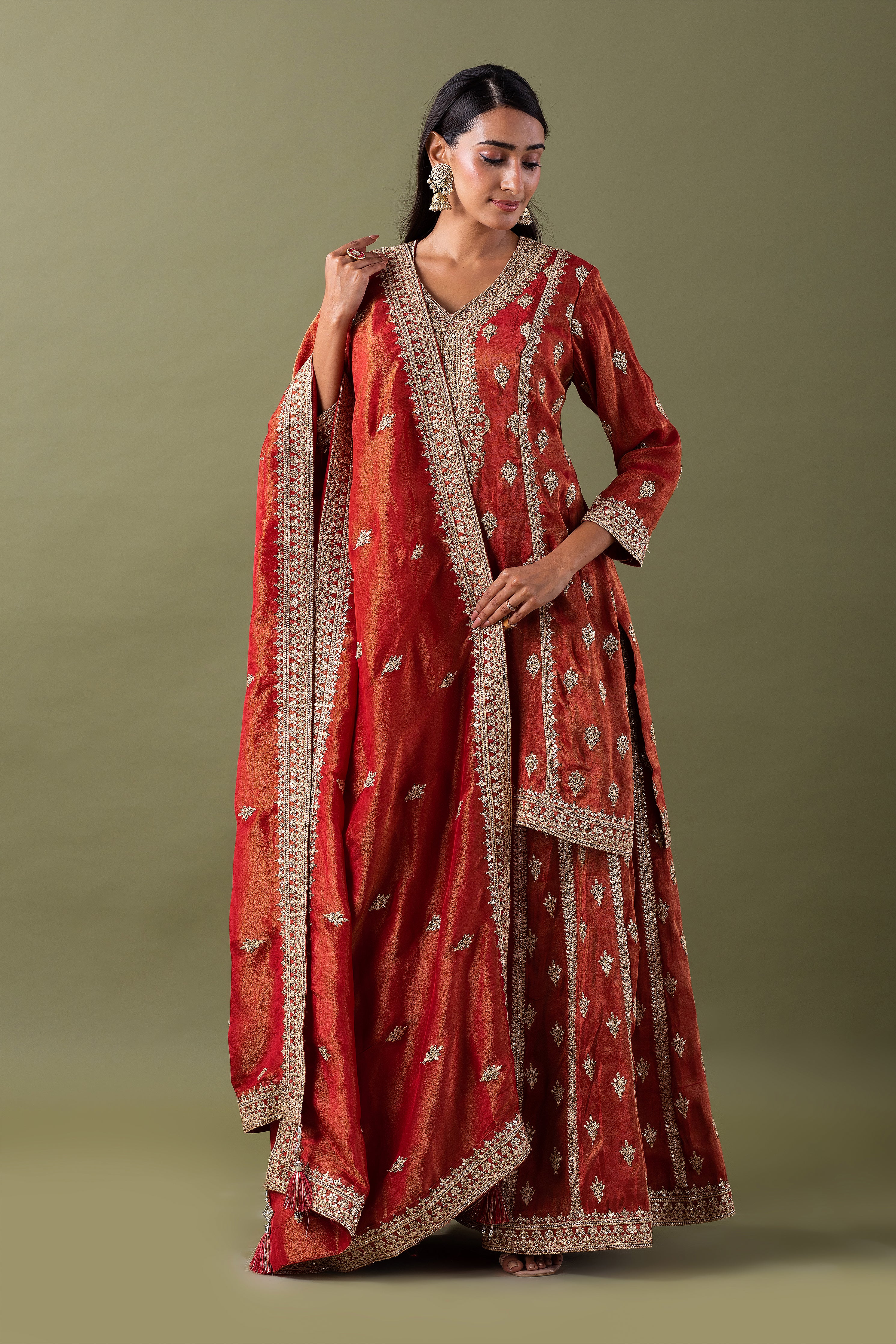 Rust Zari Embroidered Kurta Set - Mokshaa