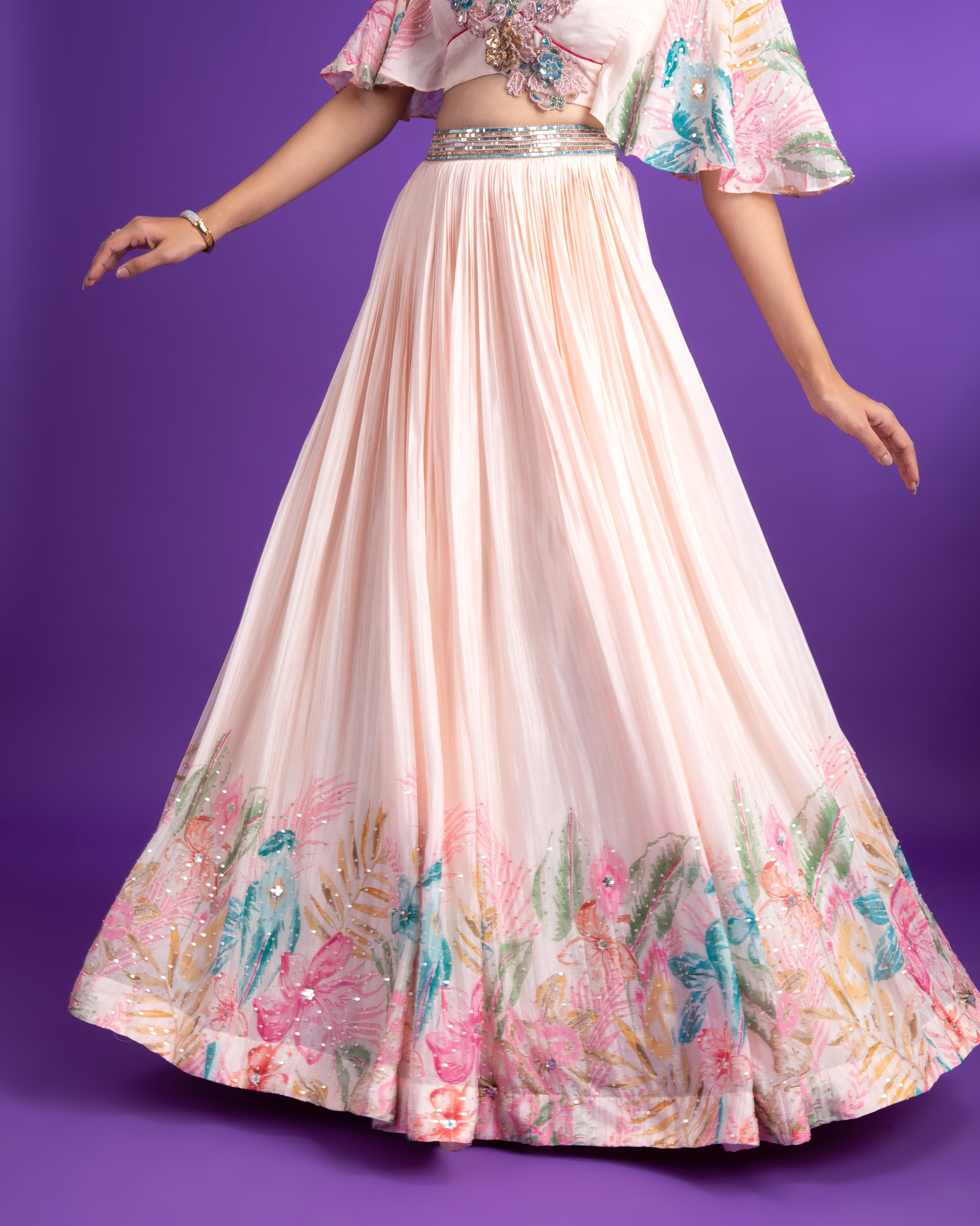 Pink Crepe Floral Printed lehenga - Mokshaa