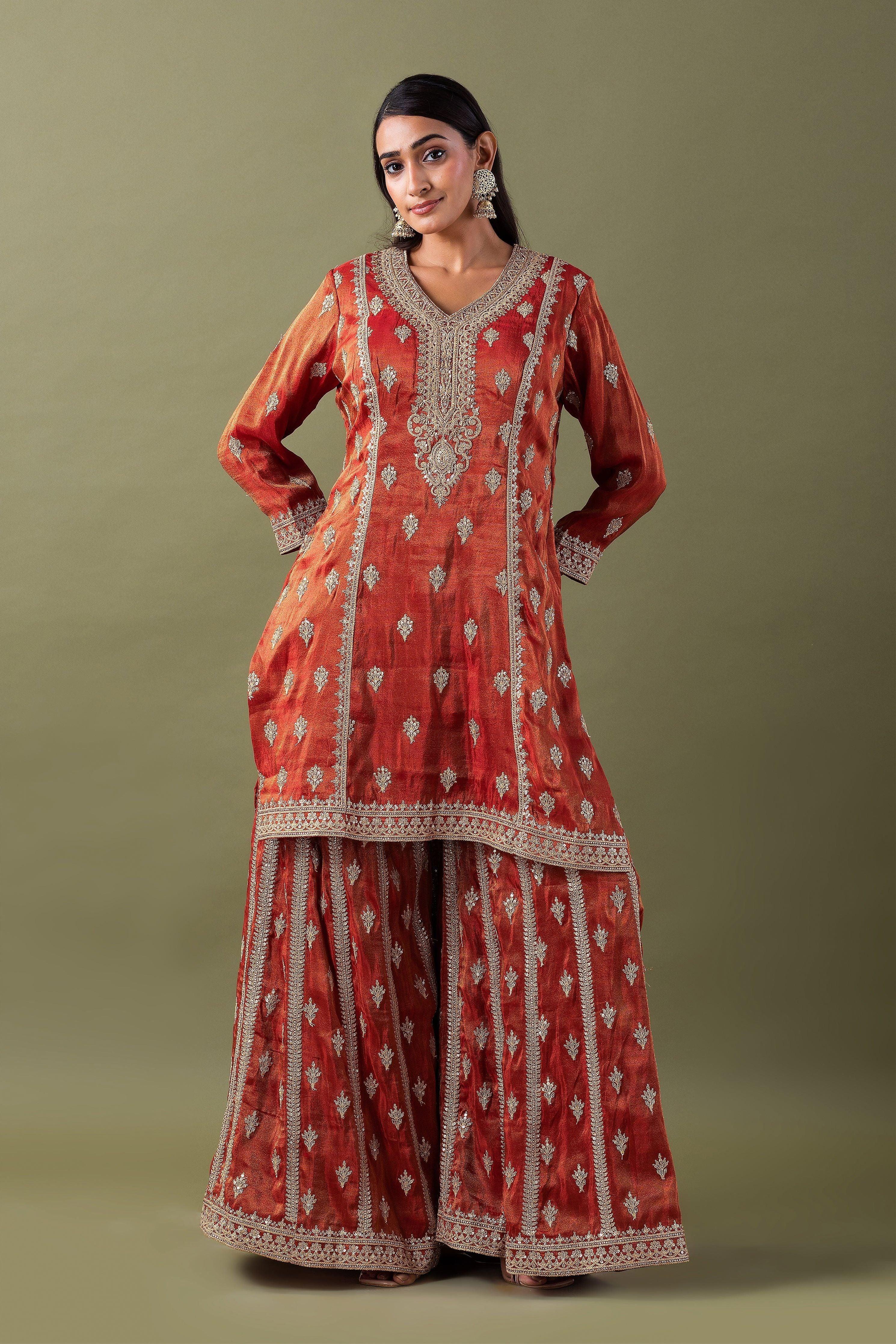 Rust Zari Embroidered Kurta Set - Mokshaa