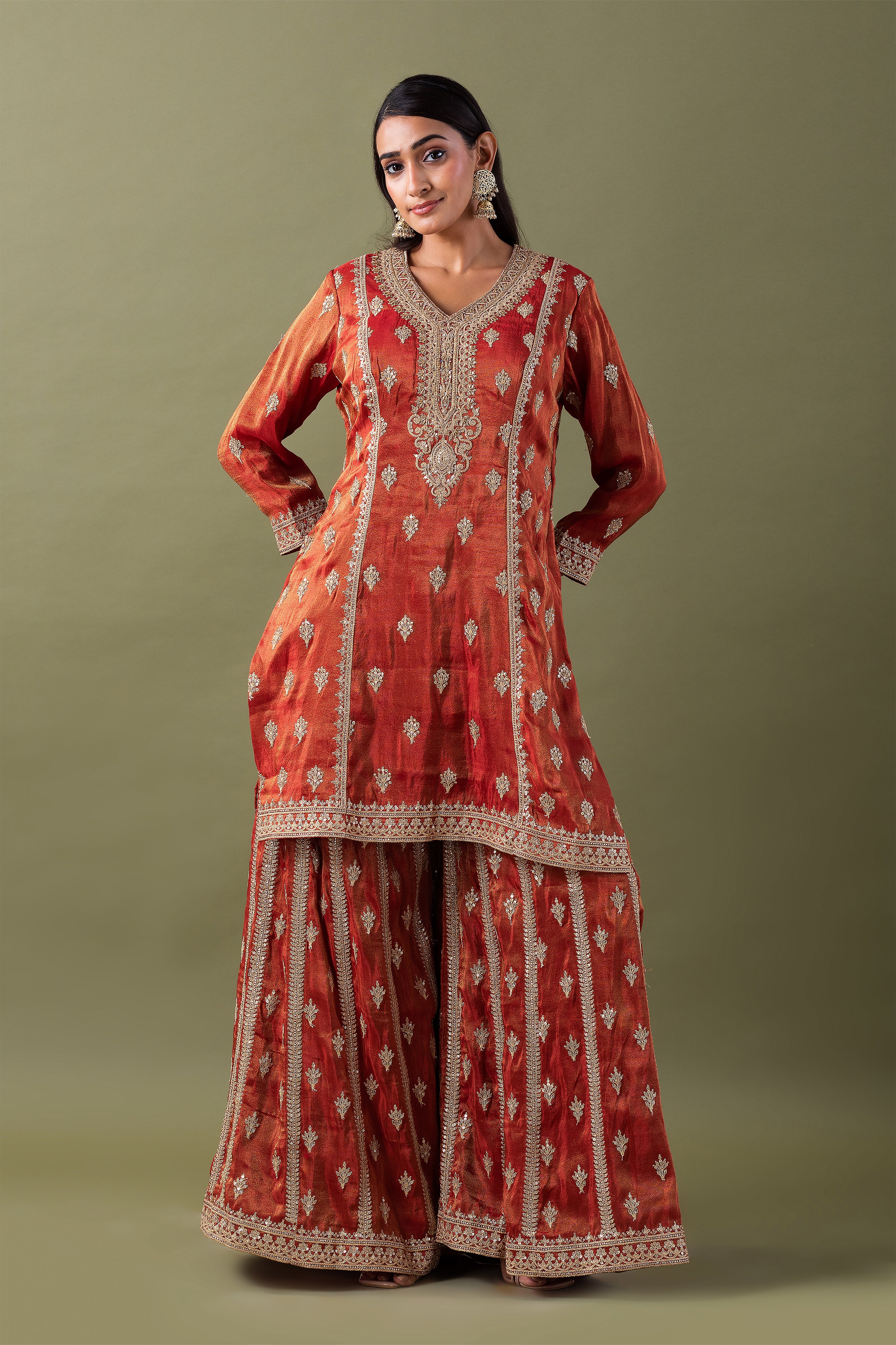 Rust Zari Embroidered Kurta Set