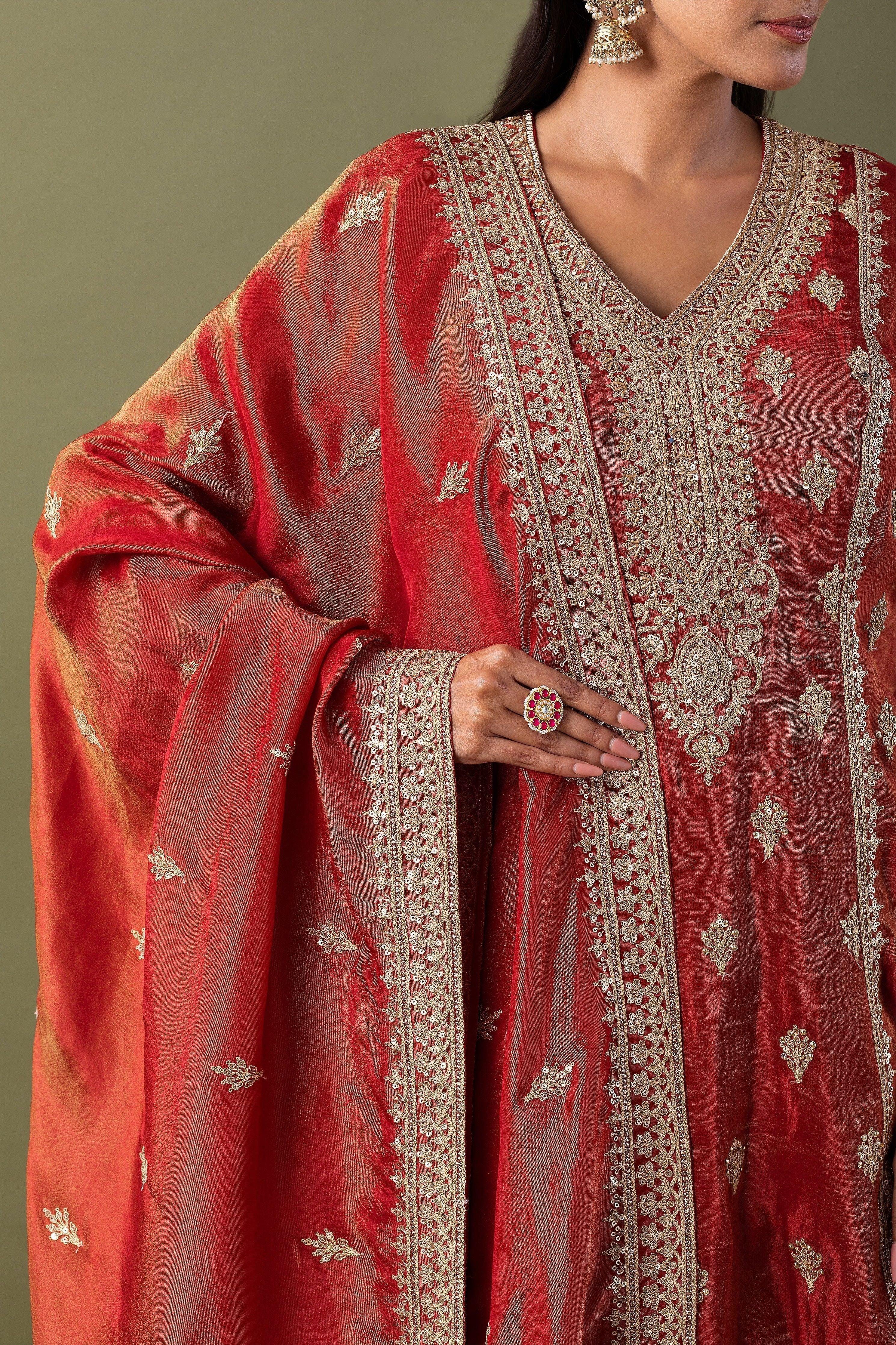 Rust Zari Embroidered Kurta Set - Mokshaa