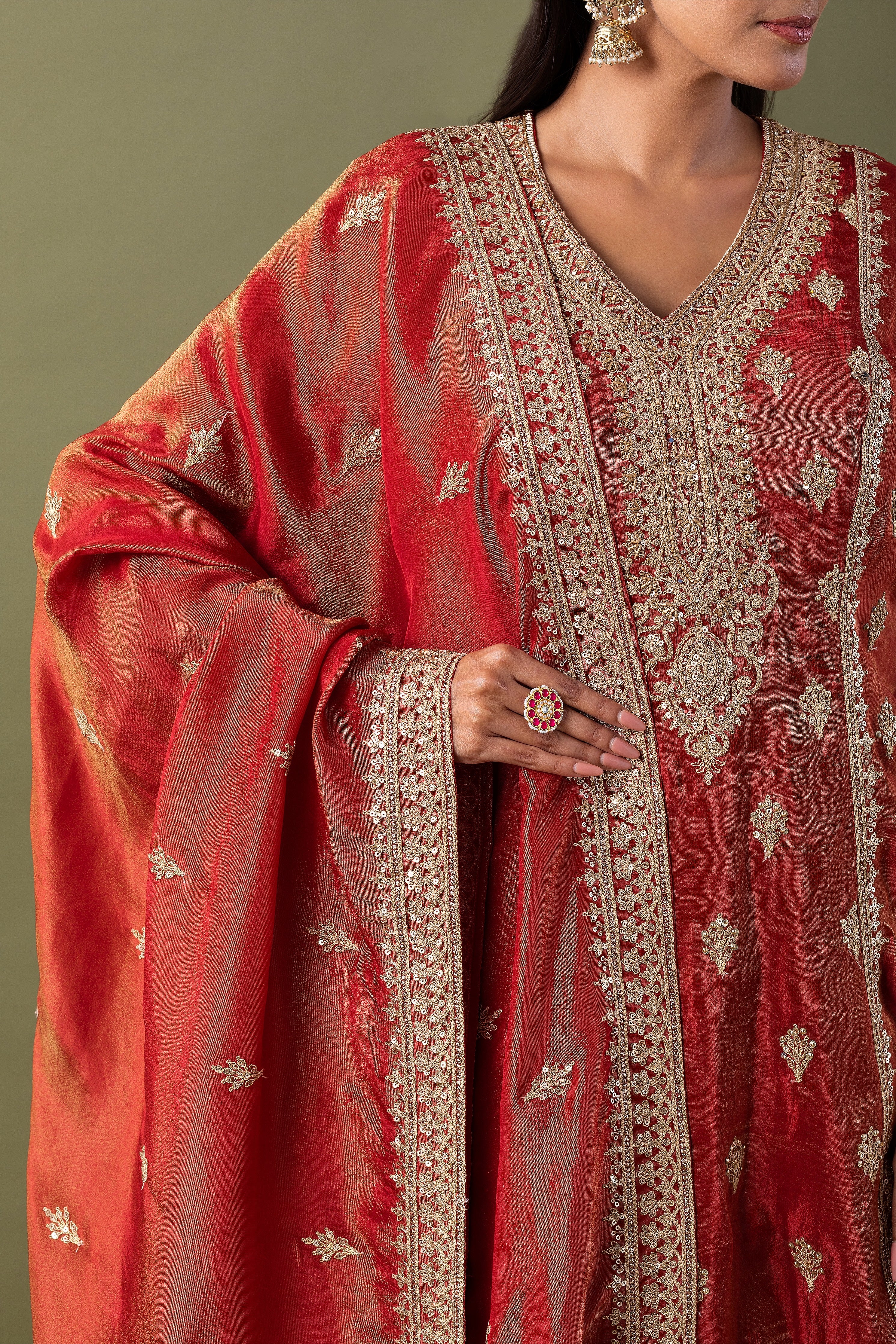 Rust Zari Embroidered Kurta Set