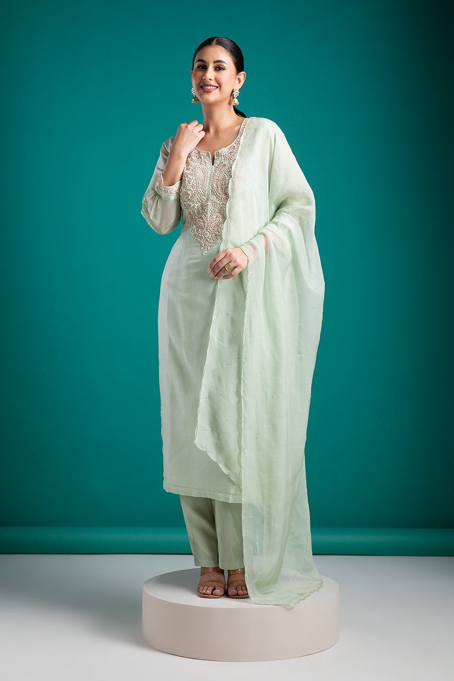 Graceful Mint Green Embroidered Kurta Set - Mokshaa