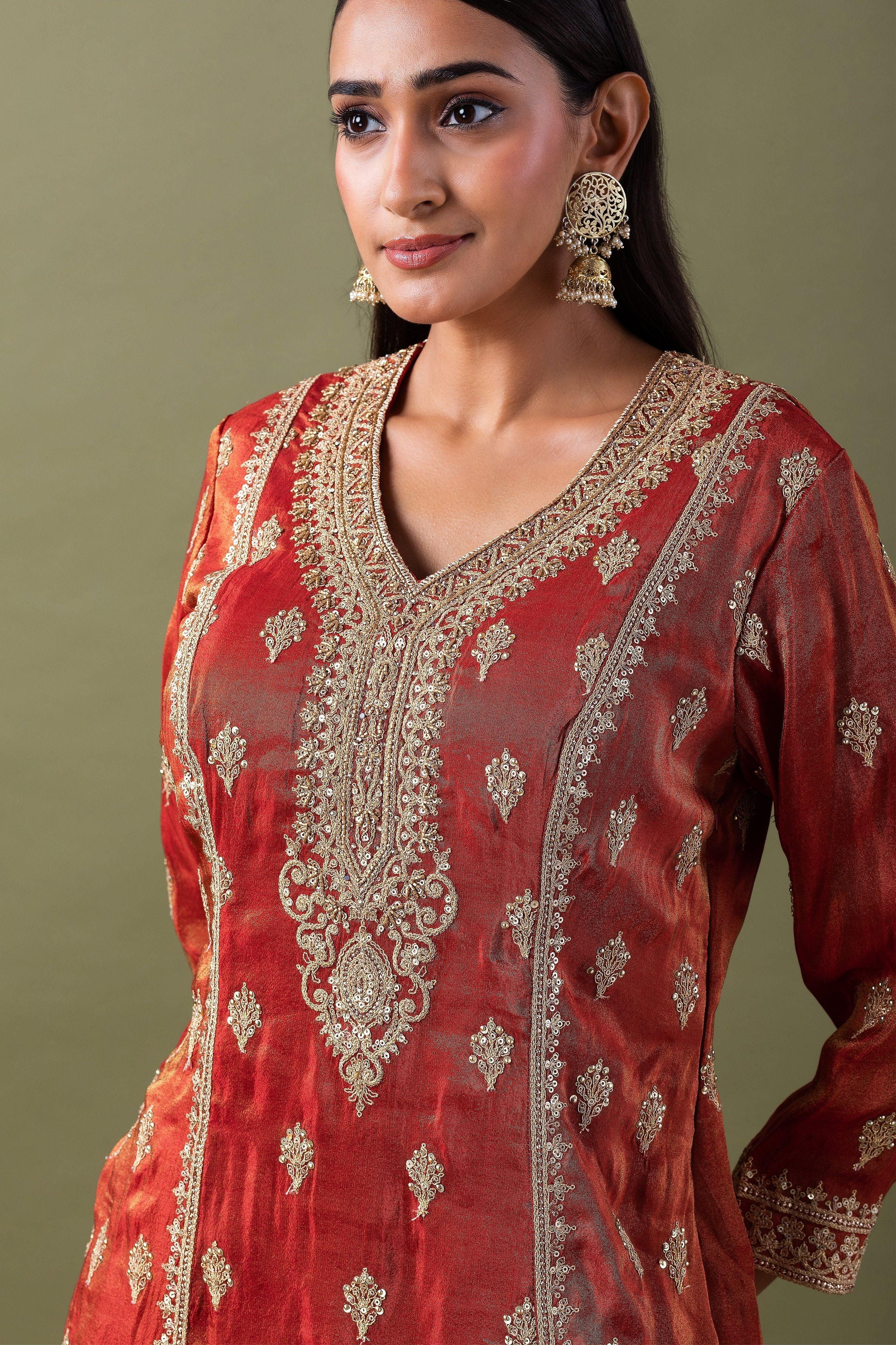 Rust Zari Embroidered Kurta Set - Mokshaa