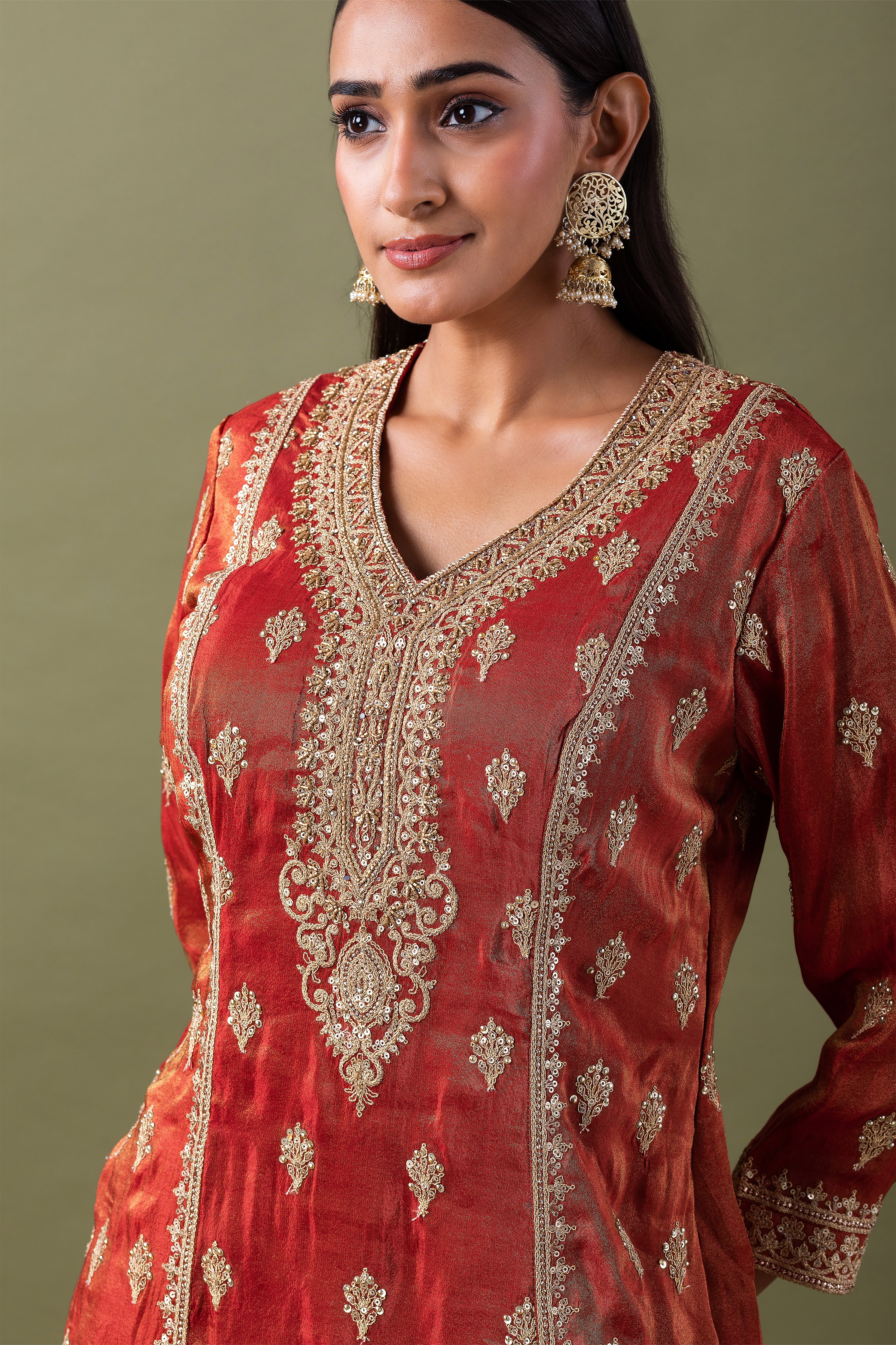 Rust Zari Embroidered Kurta Set