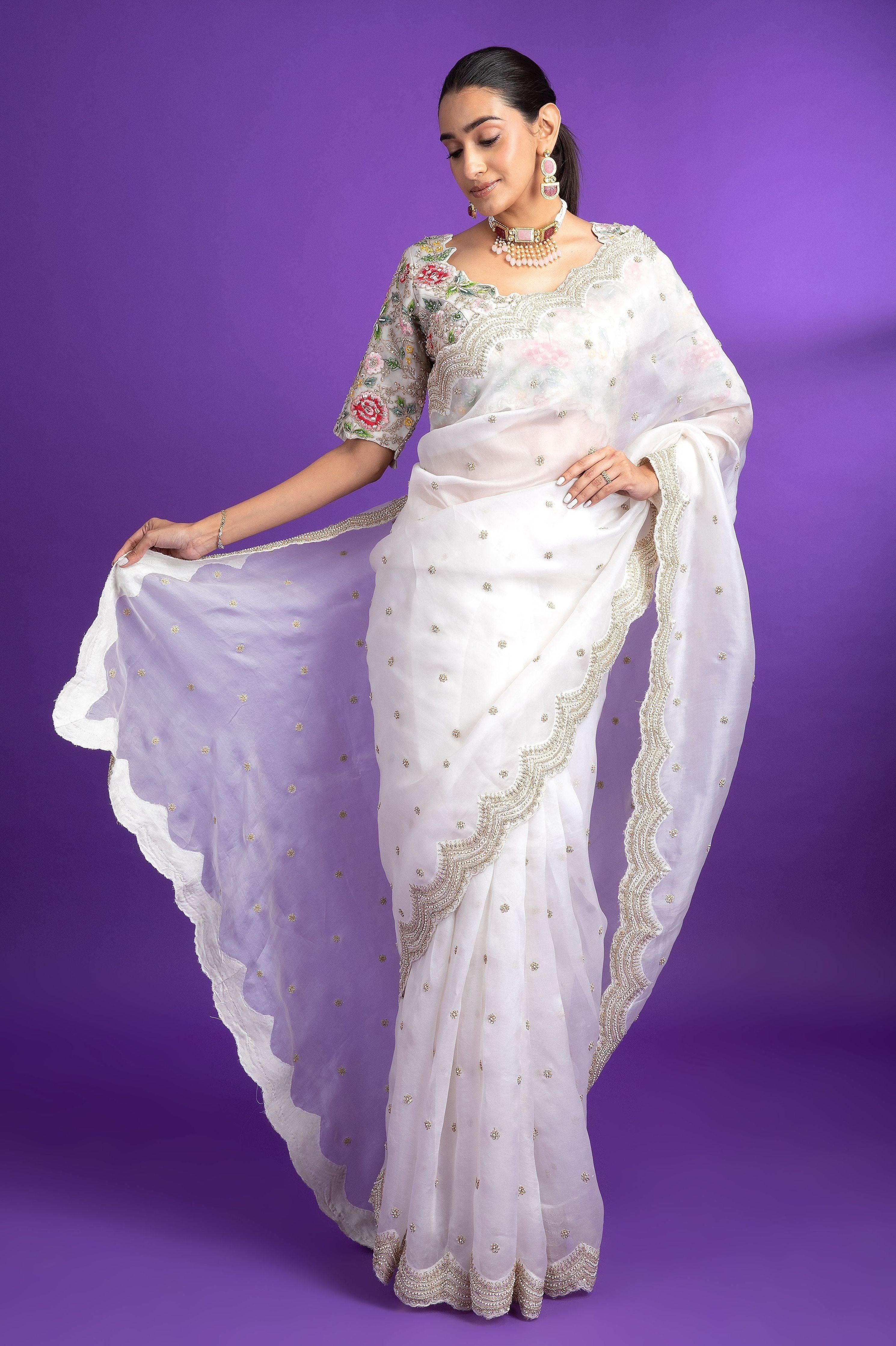 White Organza Saree with Delicate Scalloped Border - Mokshaa