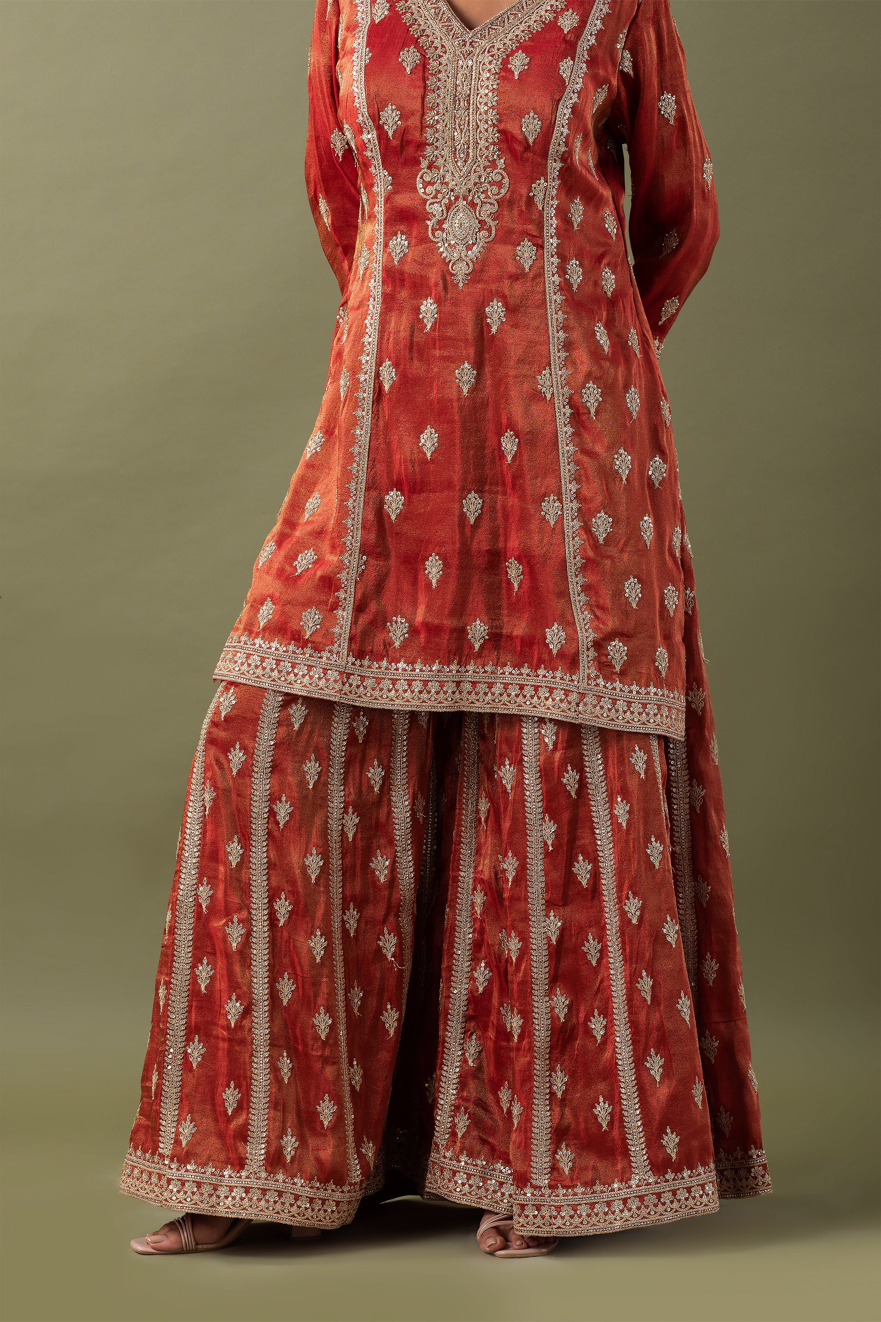 Rust Zari Embroidered Kurta Set