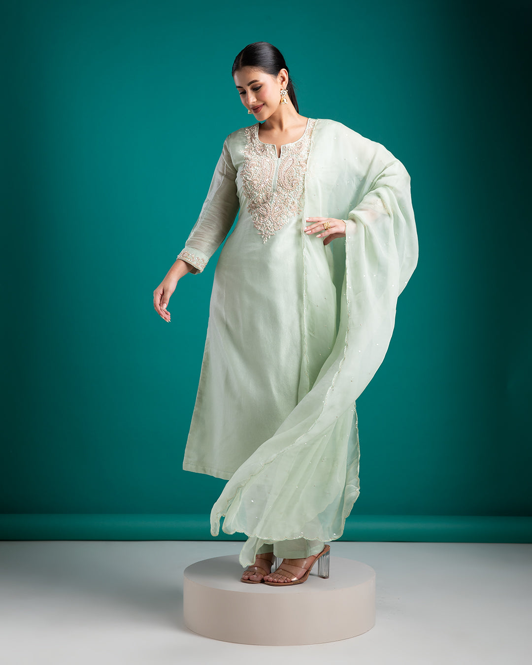 Graceful Mint Green Embroidered Kurta Set - Mokshaa