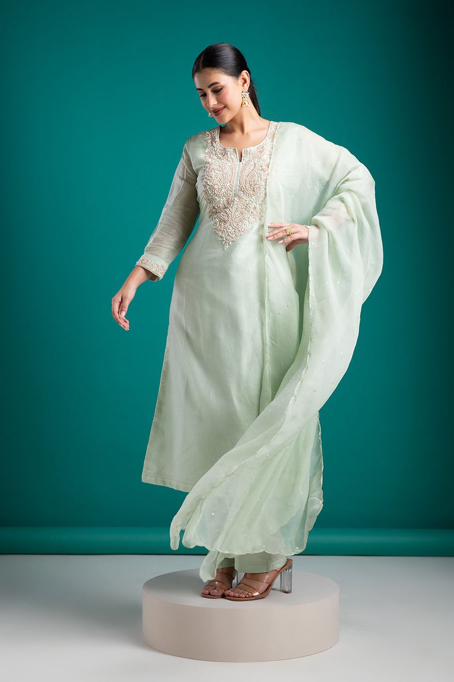 Graceful Mint Green Embroidered Kurta Set - Mokshaa