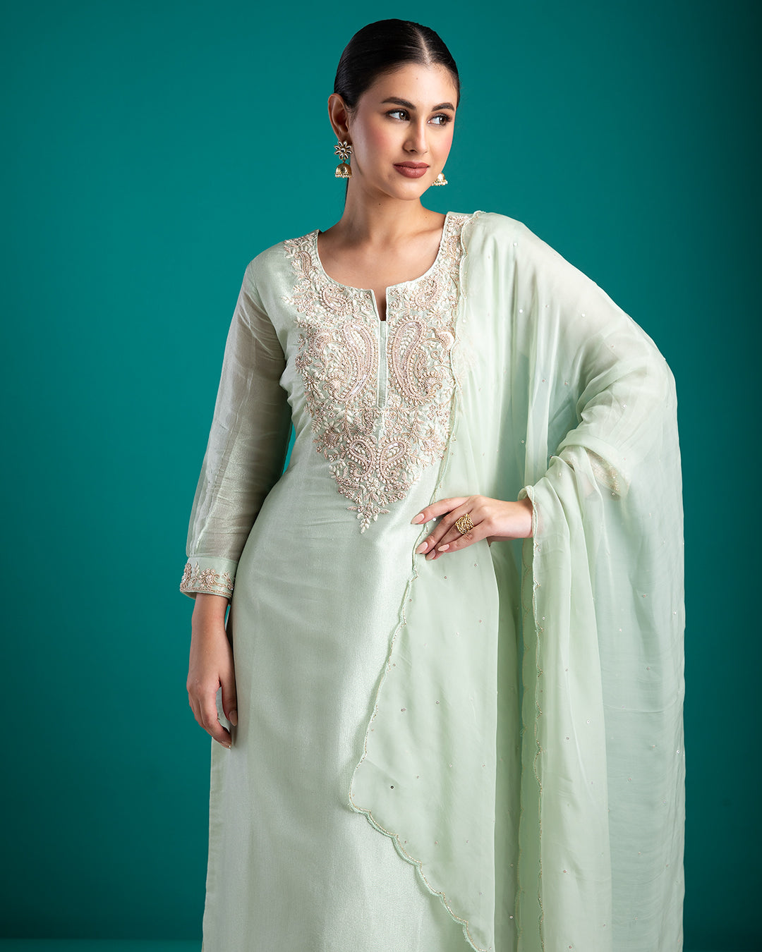 Graceful Mint Green Embroidered Kurta Set - Mokshaa