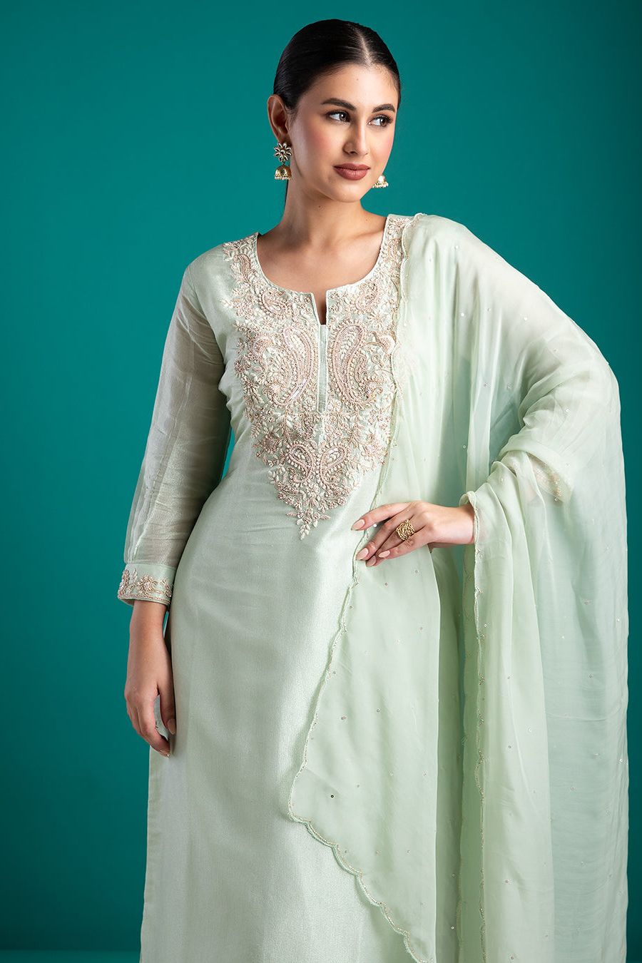 Graceful Mint Green Embroidered Kurta Set - Mokshaa