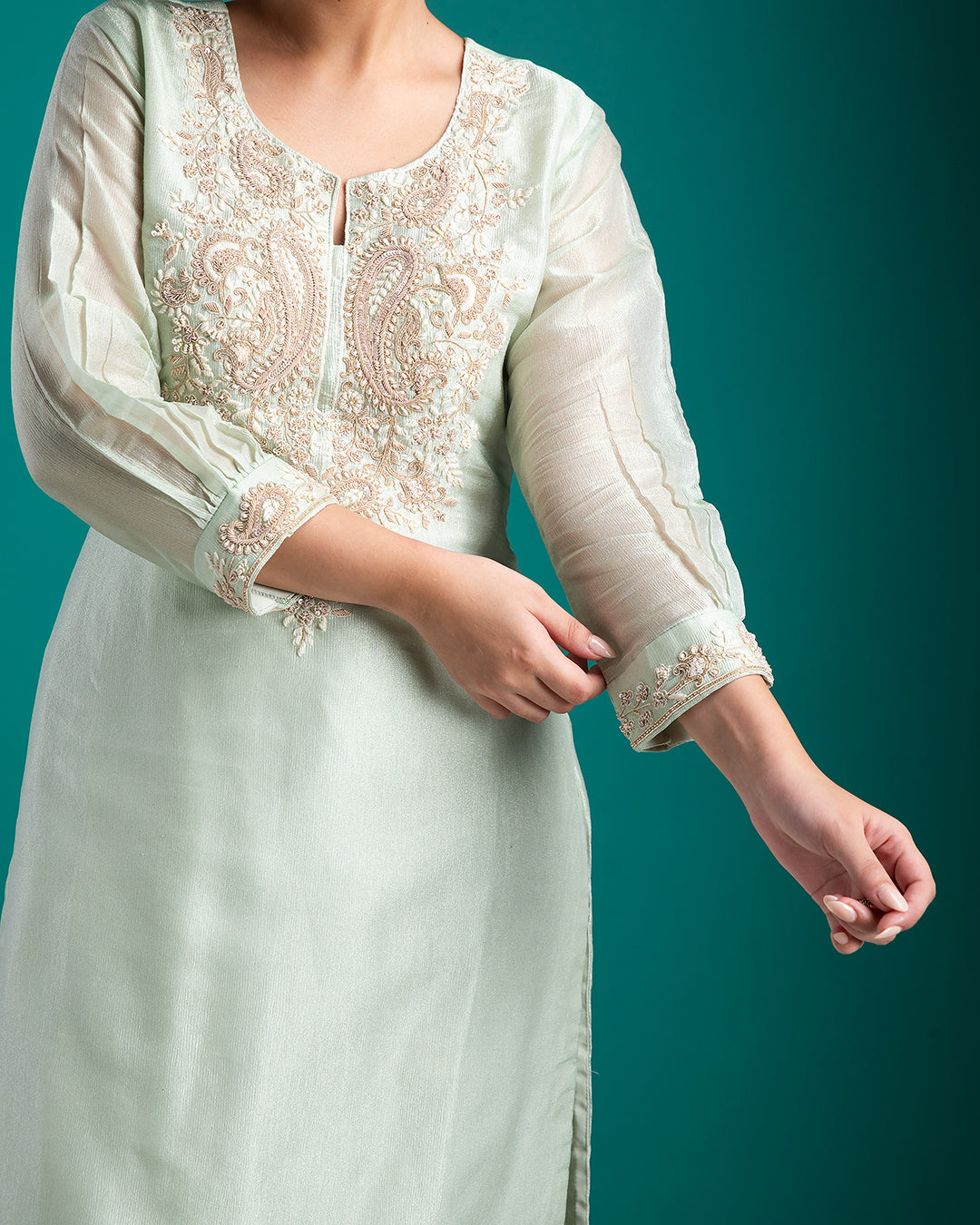 Graceful Mint Green Embroidered Kurta Set - Mokshaa