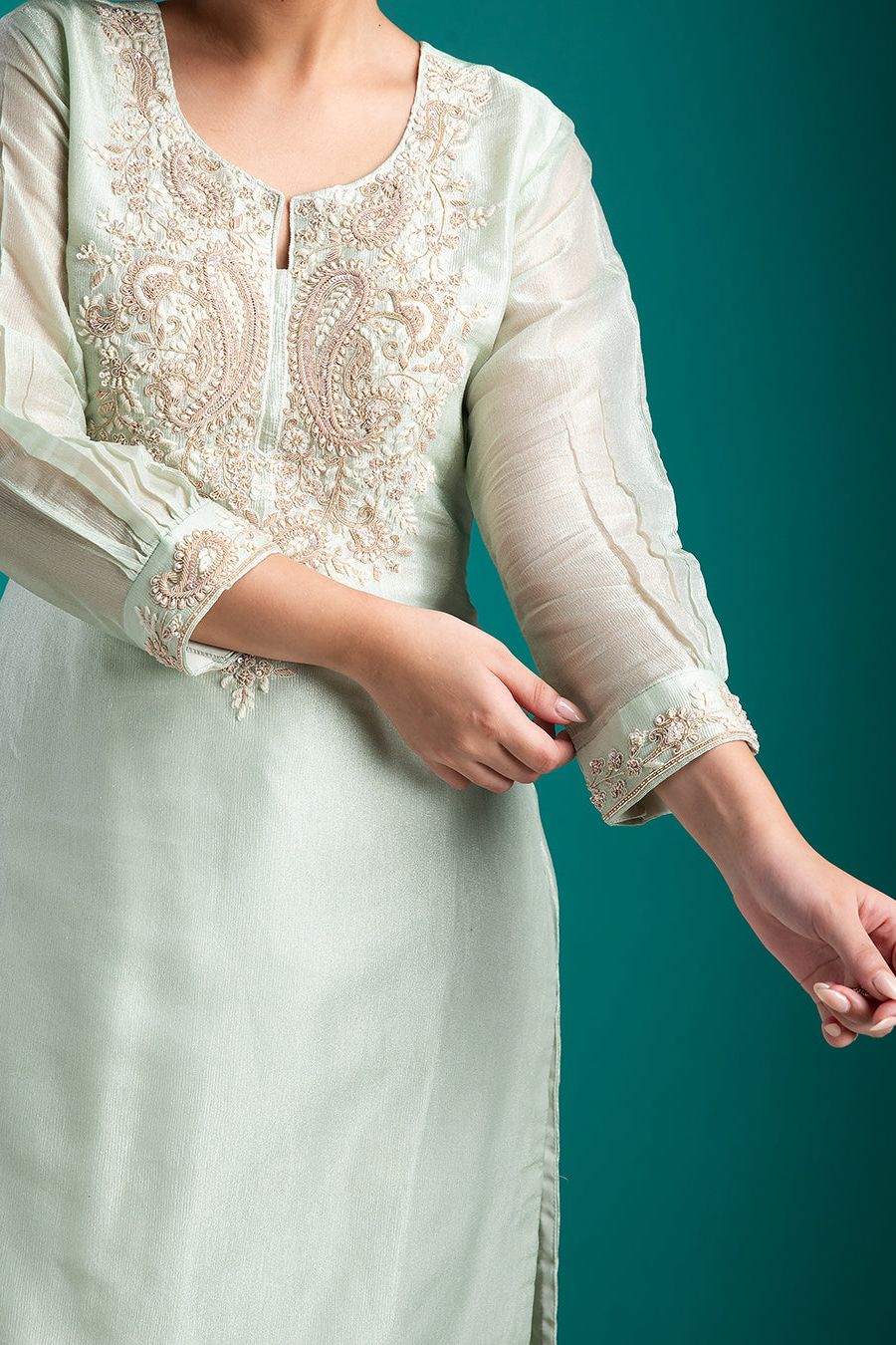 Graceful Mint Green Embroidered Kurta Set - Mokshaa