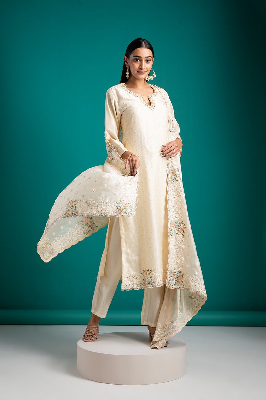 Ivory Kurta Set with Embroidered Detailing - Mokshaa