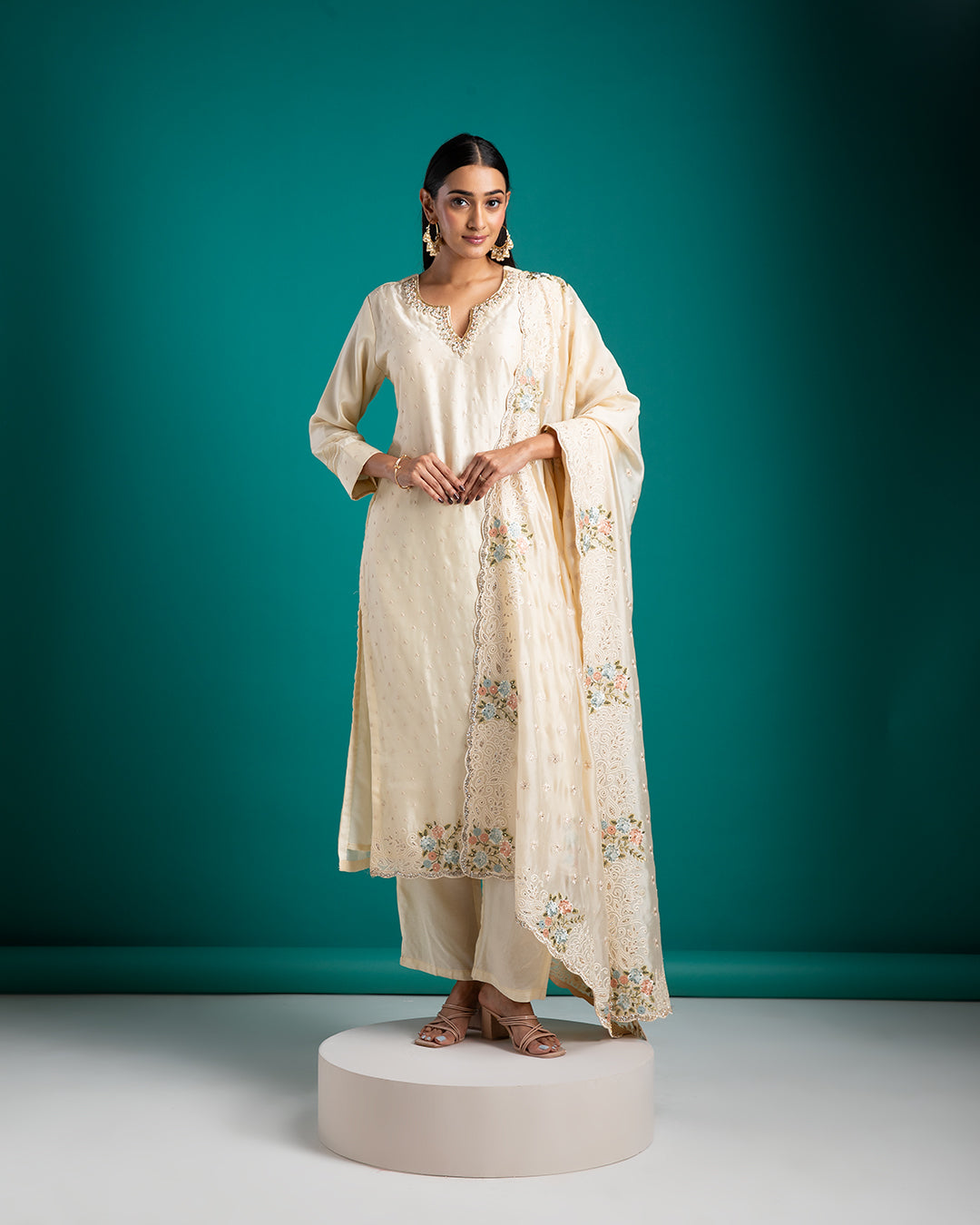 Ivory Kurta Set with Embroidered Detailing - Mokshaa