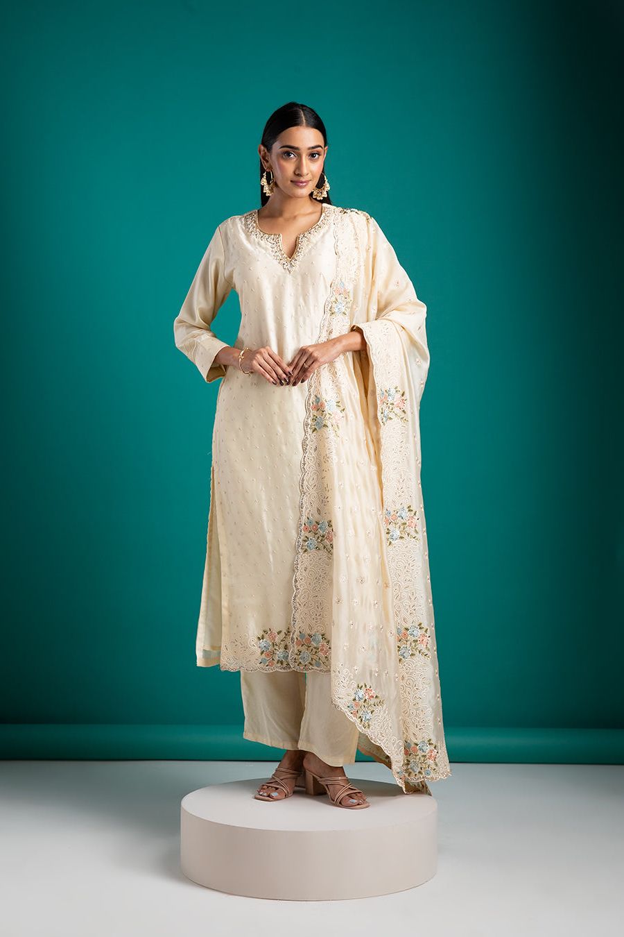 Ivory Kurta Set with Embroidered Detailing - Mokshaa