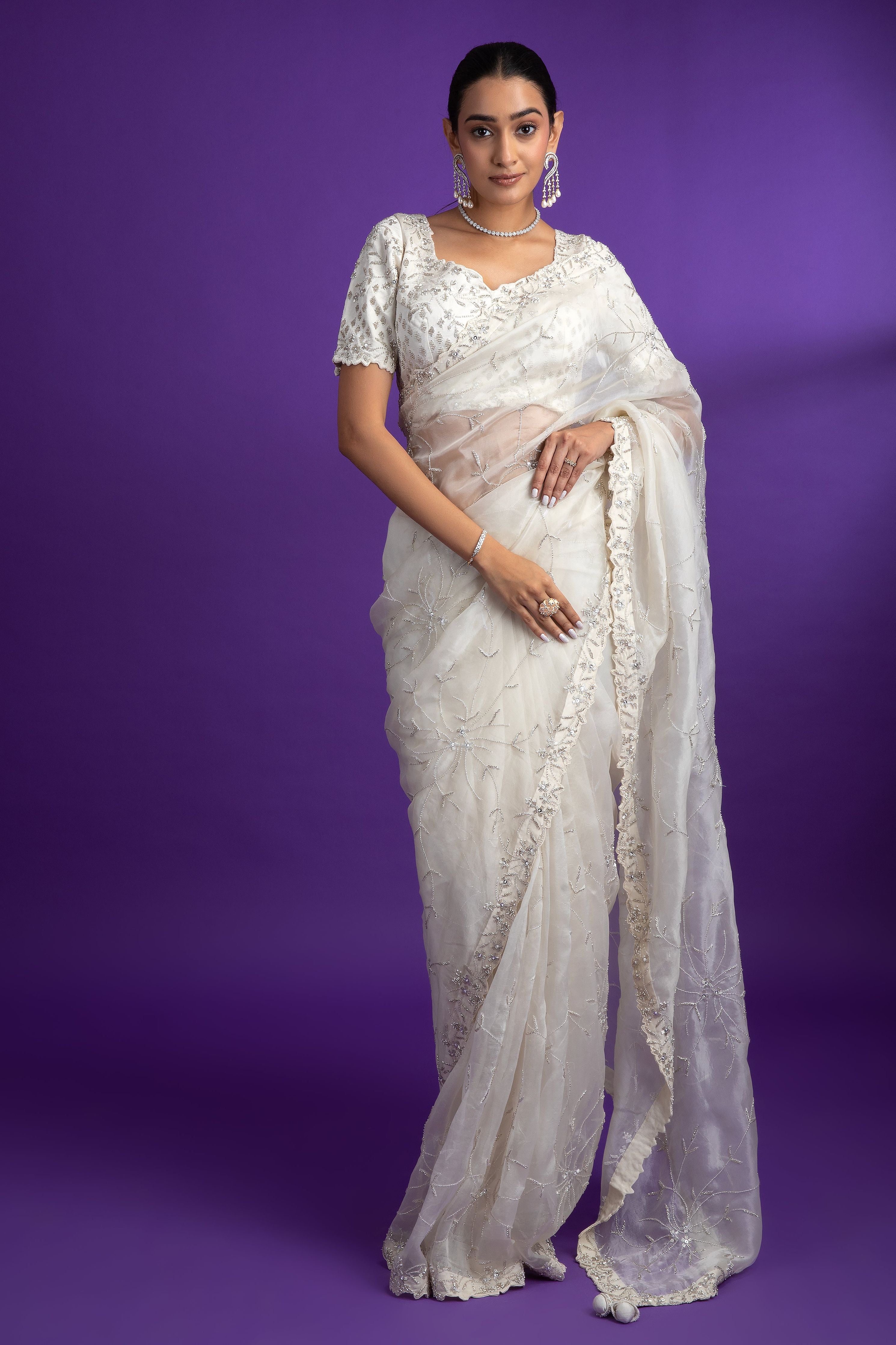 Ivory Organza Saree with Lace Border - Mokshaa