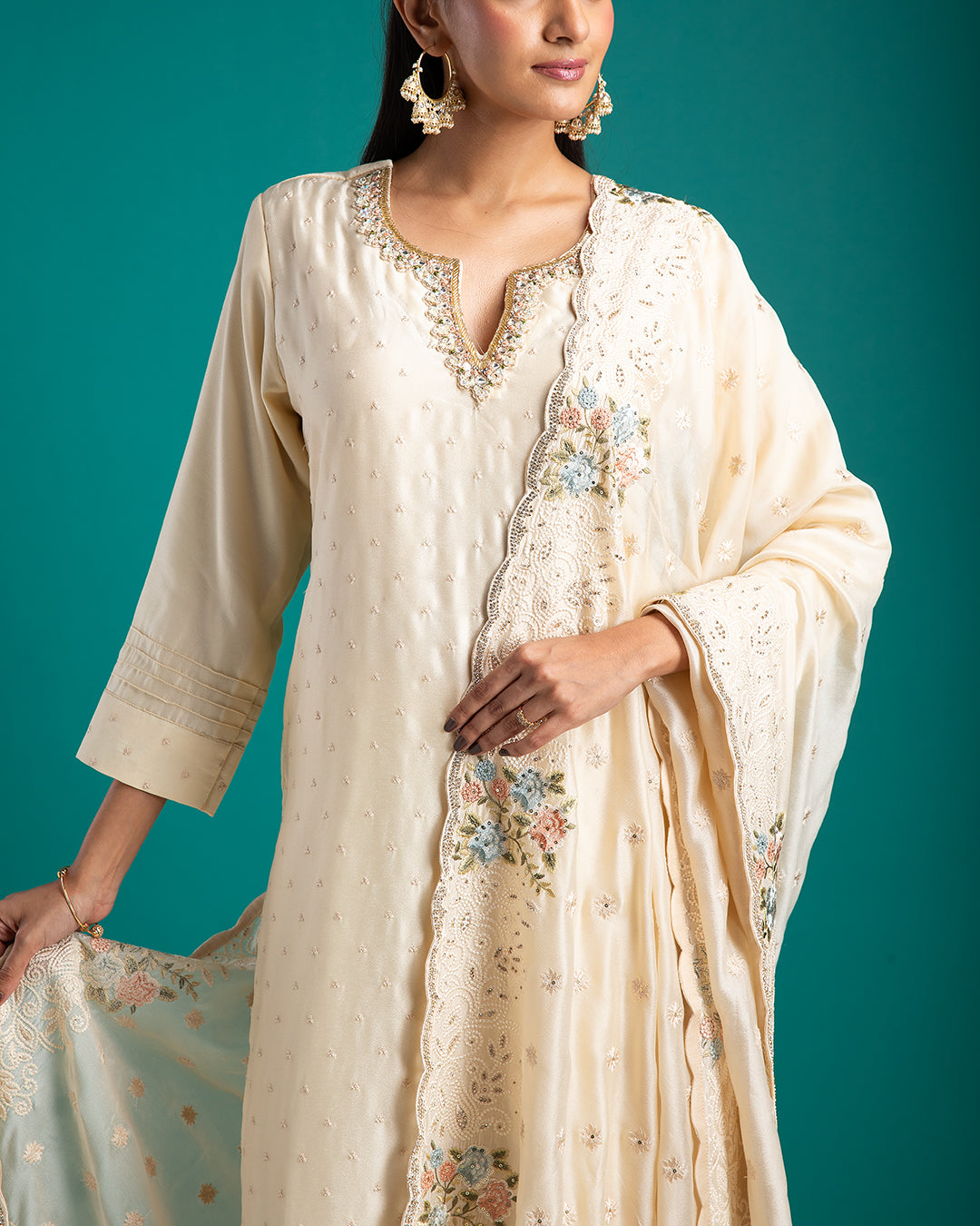 Ivory Kurta Set with Embroidered Detailing - Mokshaa