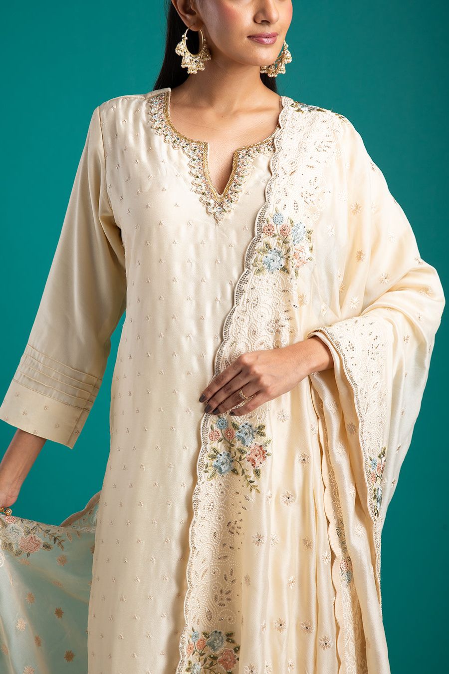 Ivory Kurta Set with Embroidered Detailing - Mokshaa