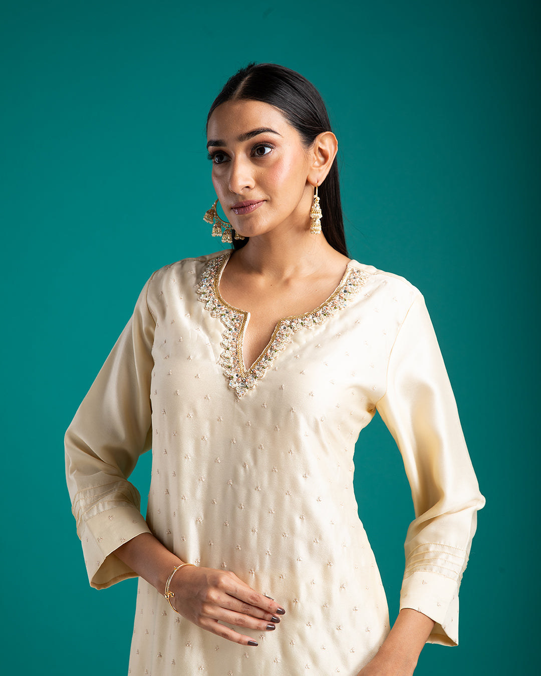 Ivory Kurta Set with Embroidered Detailing - Mokshaa