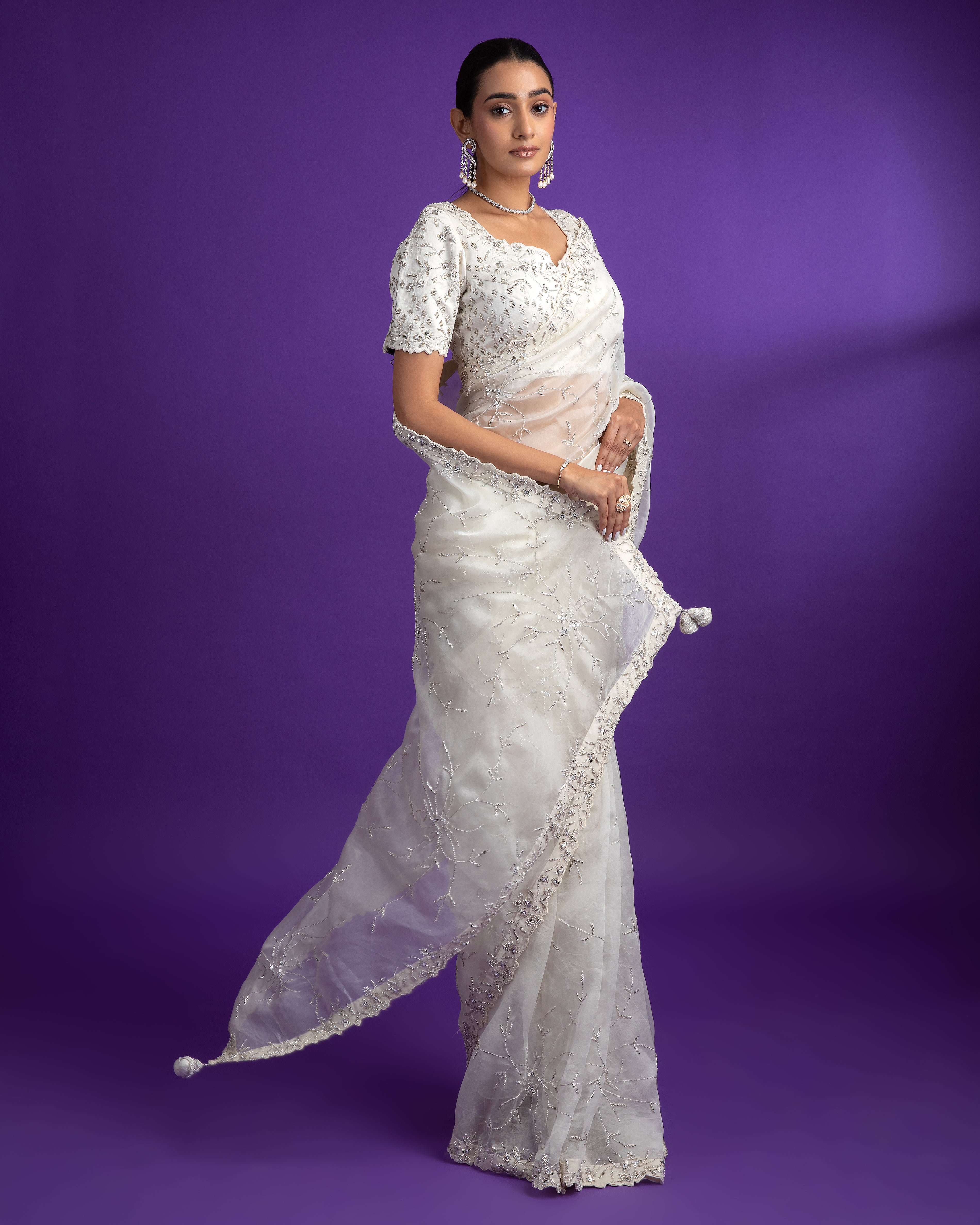 Ivory Organza Saree with Lace Border - Mokshaa