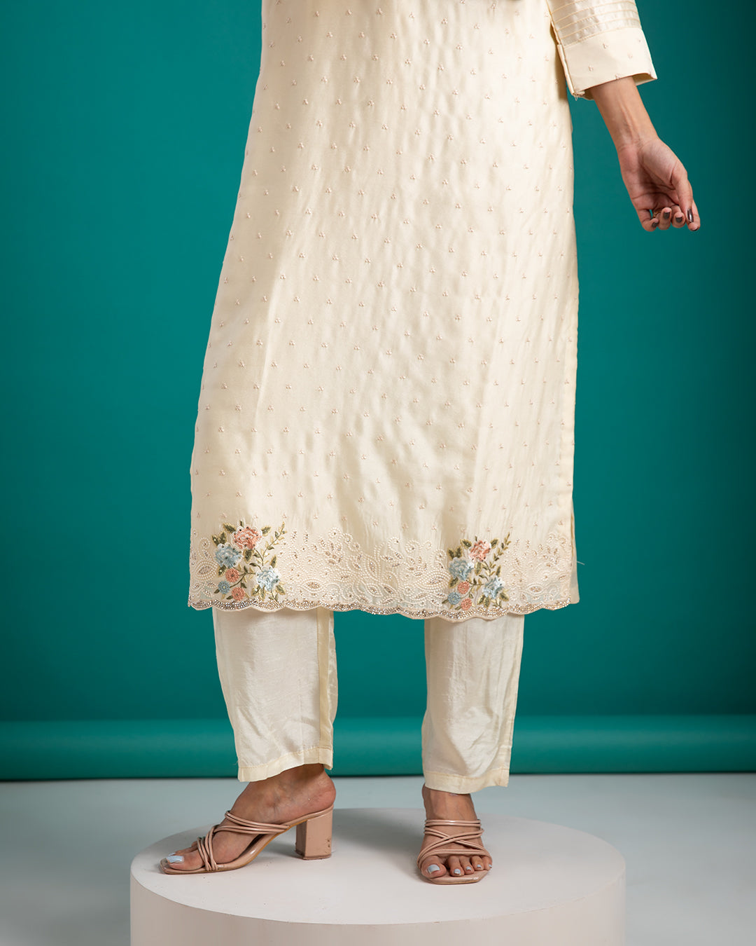 Ivory Kurta Set with Embroidered Detailing - Mokshaa