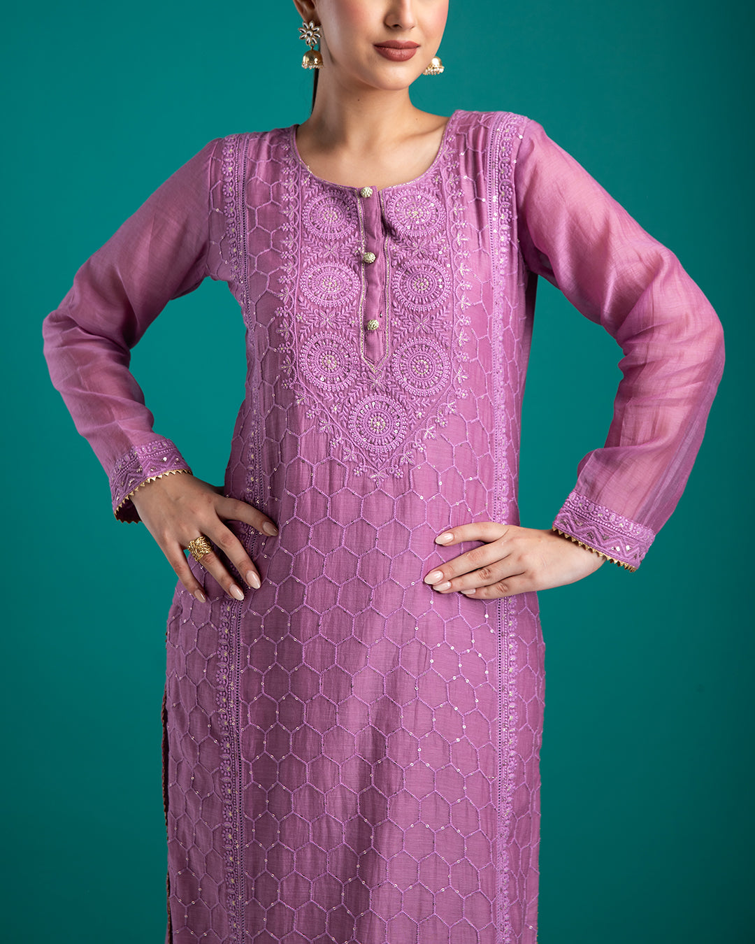 Lavender Embroidered Kurta Set with Dupatta - Mokshaa