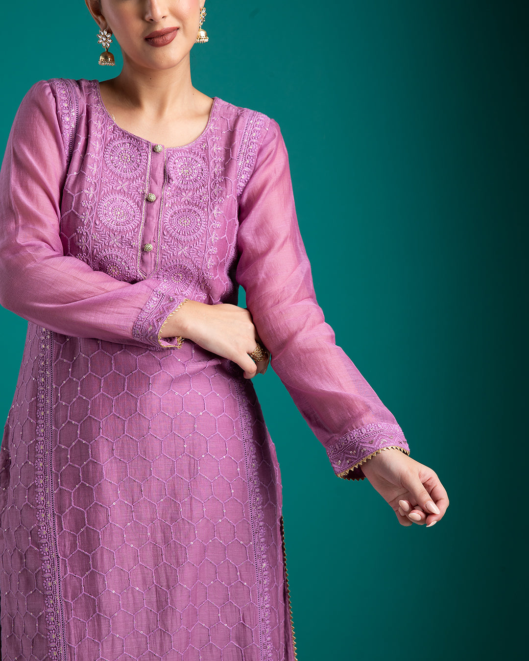 Lavender Embroidered Kurta Set with Dupatta - Mokshaa