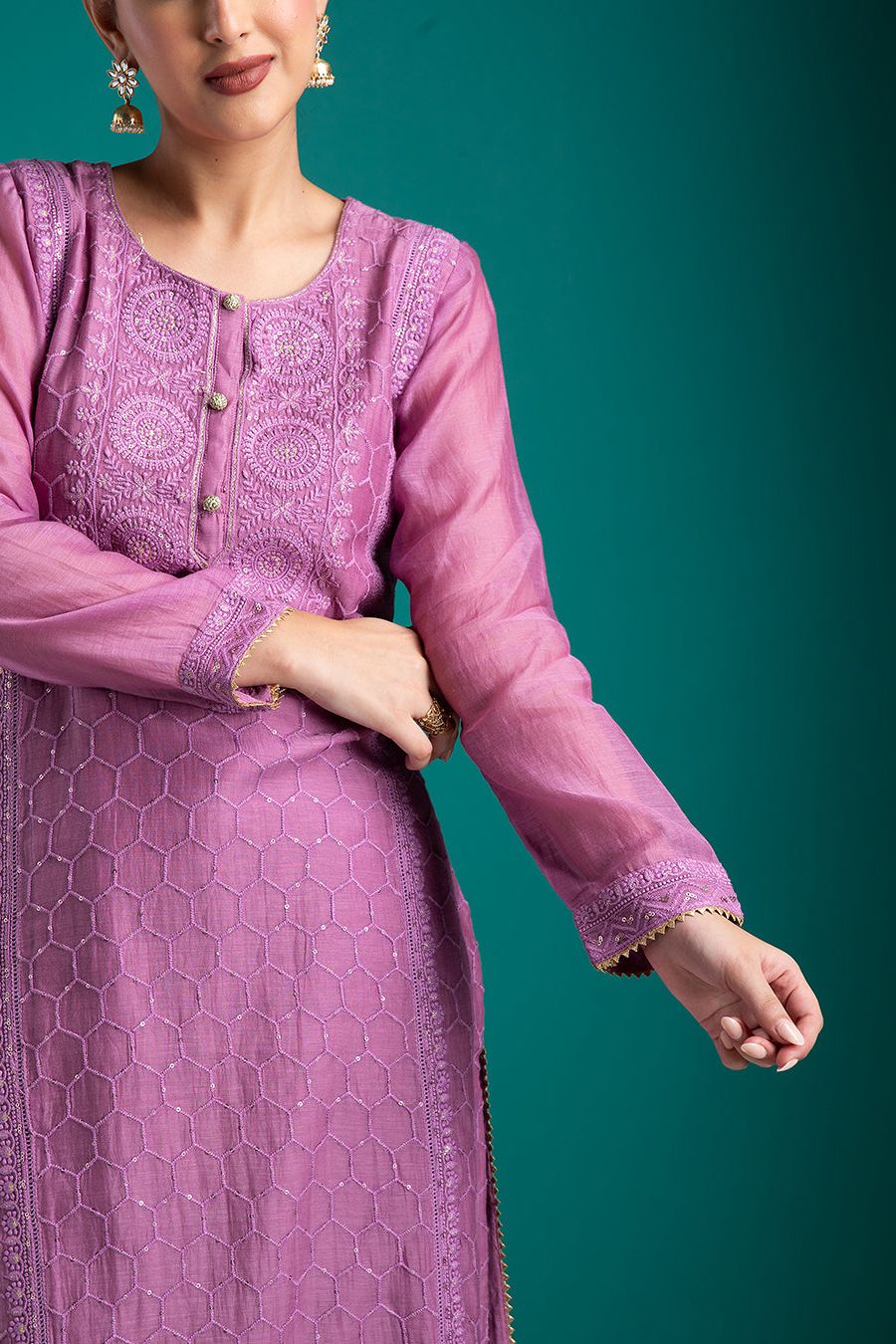 Lavender Embroidered Kurta Set with Dupatta - Mokshaa