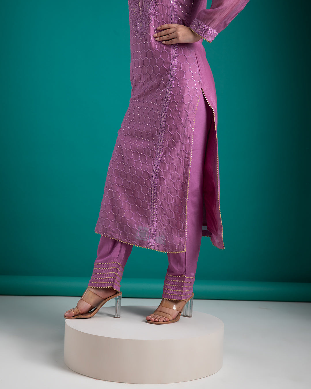 Lavender Embroidered Kurta Set with Dupatta - Mokshaa