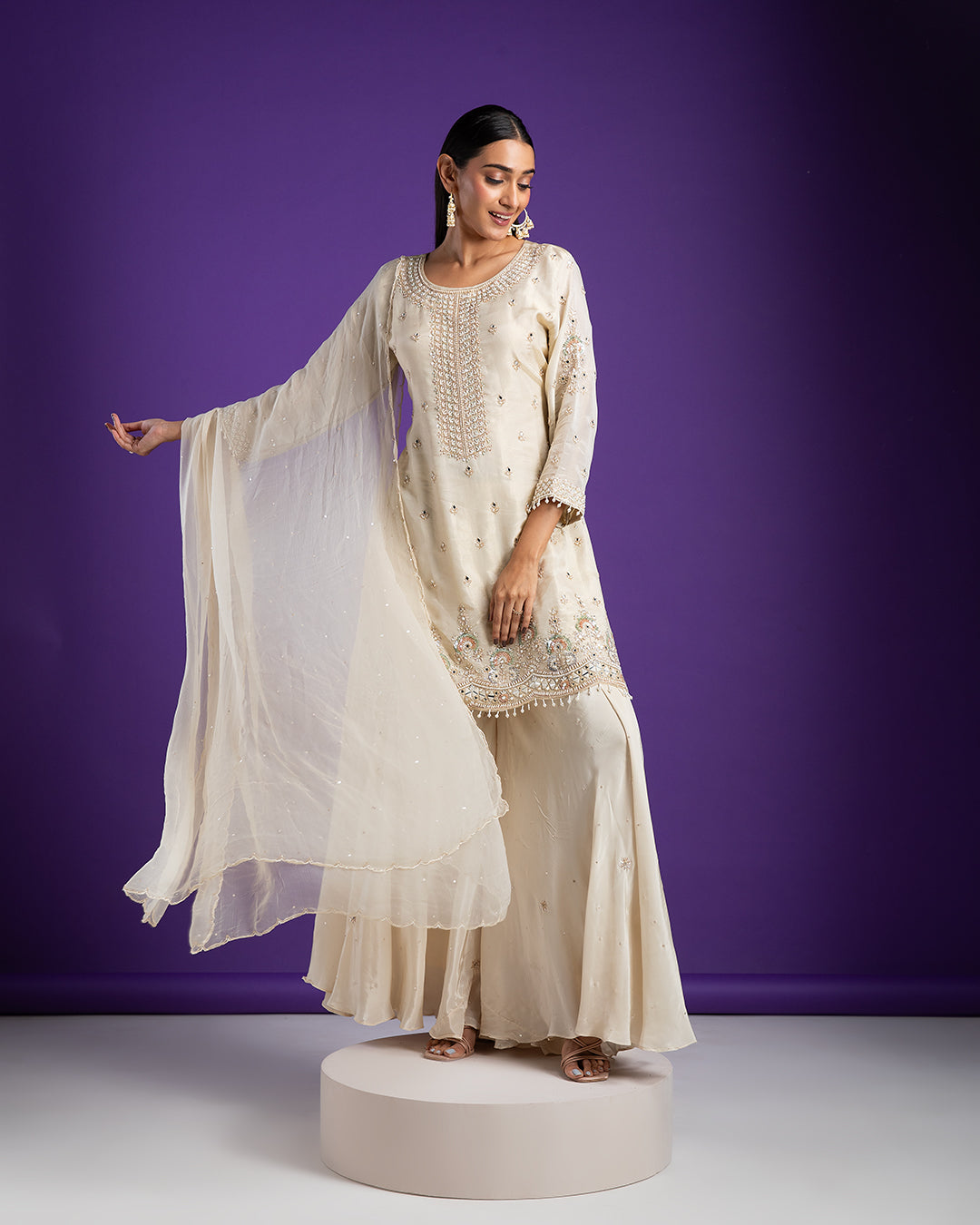 Ivory Embroidered Kurta with Sharara Set - Mokshaa