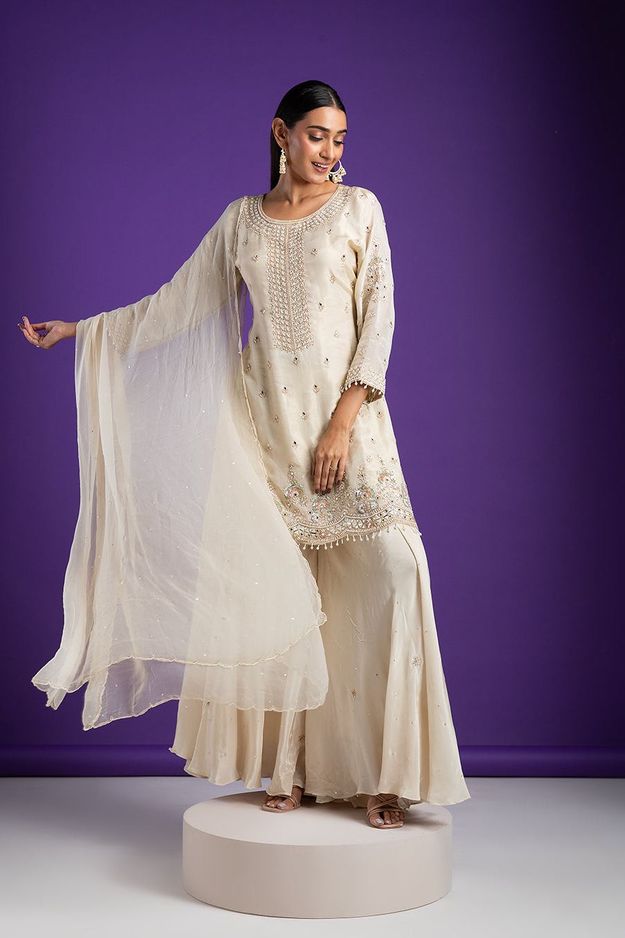 Ivory Embroidered Kurta with Sharara Set - Mokshaa