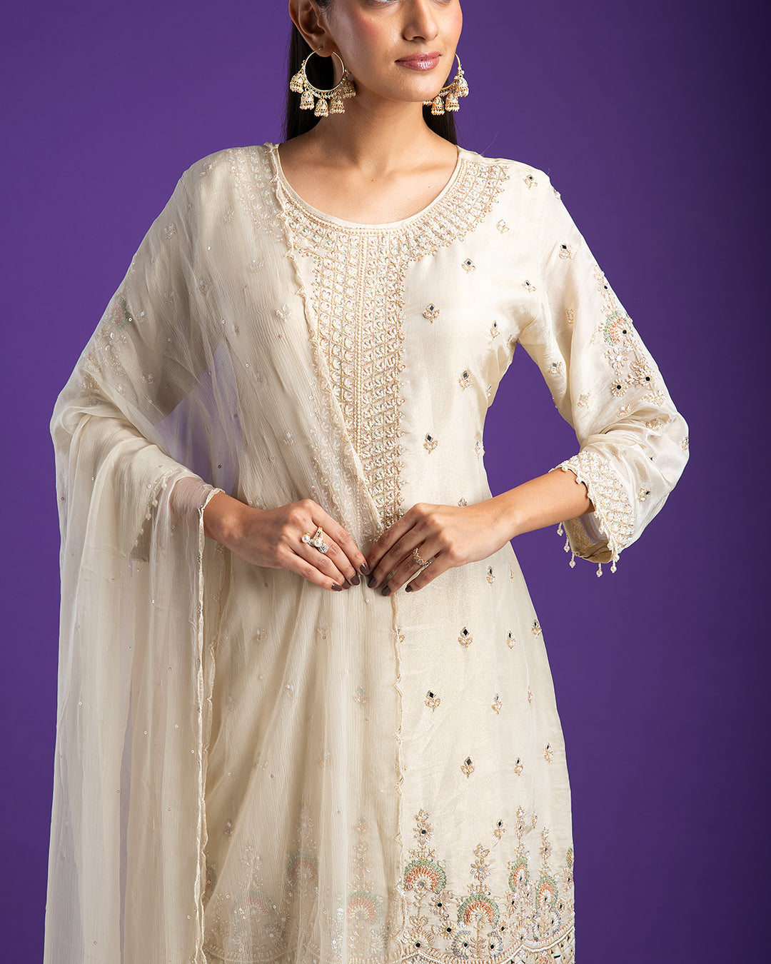 Ivory Embroidered Kurta with Sharara Set - Mokshaa