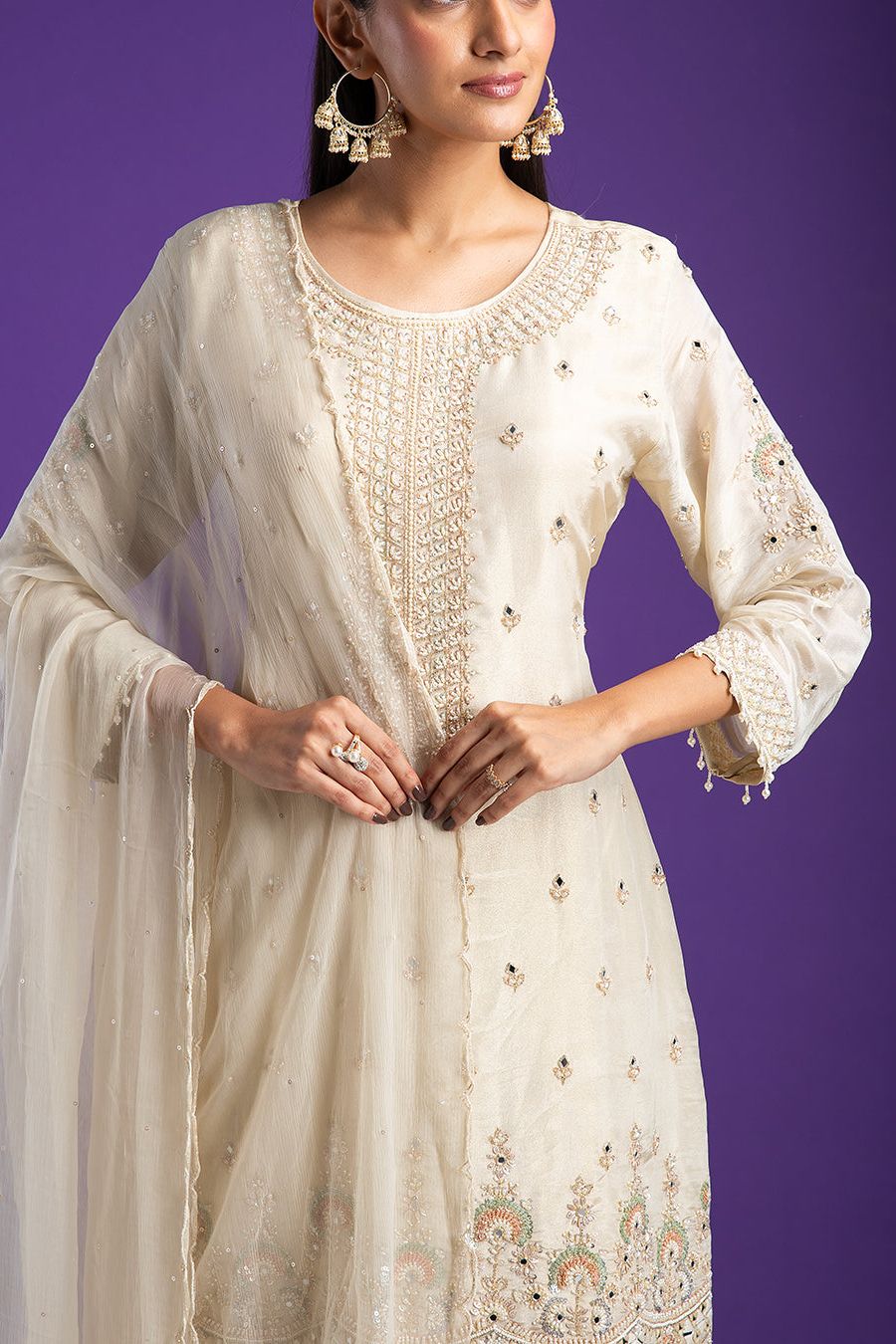 Ivory Embroidered Kurta with Sharara Set - Mokshaa