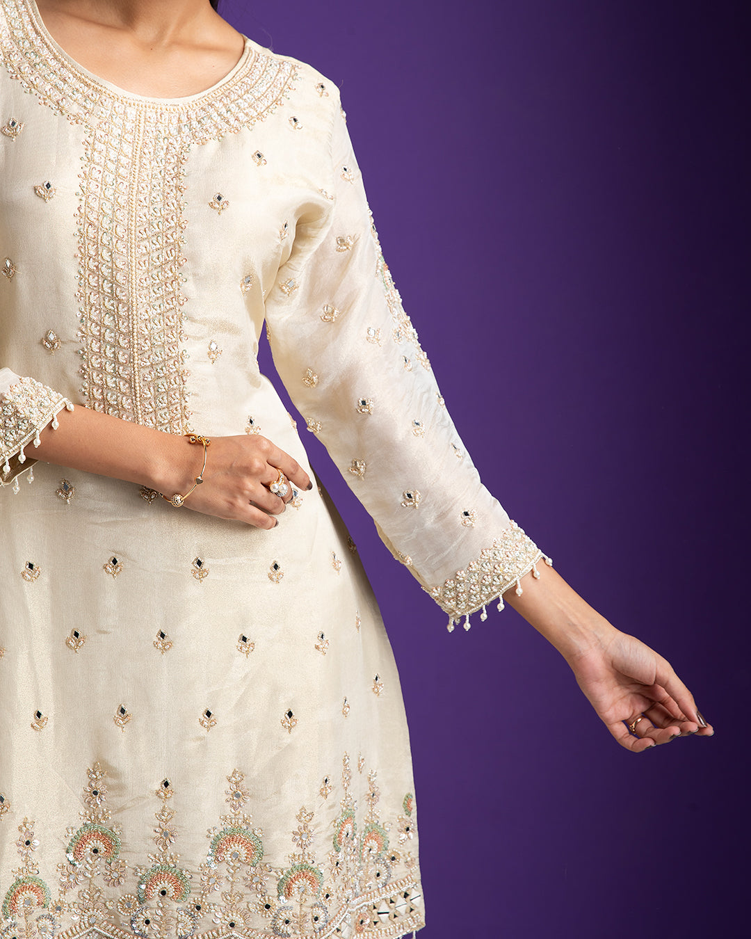 Ivory Embroidered Kurta with Sharara Set - Mokshaa