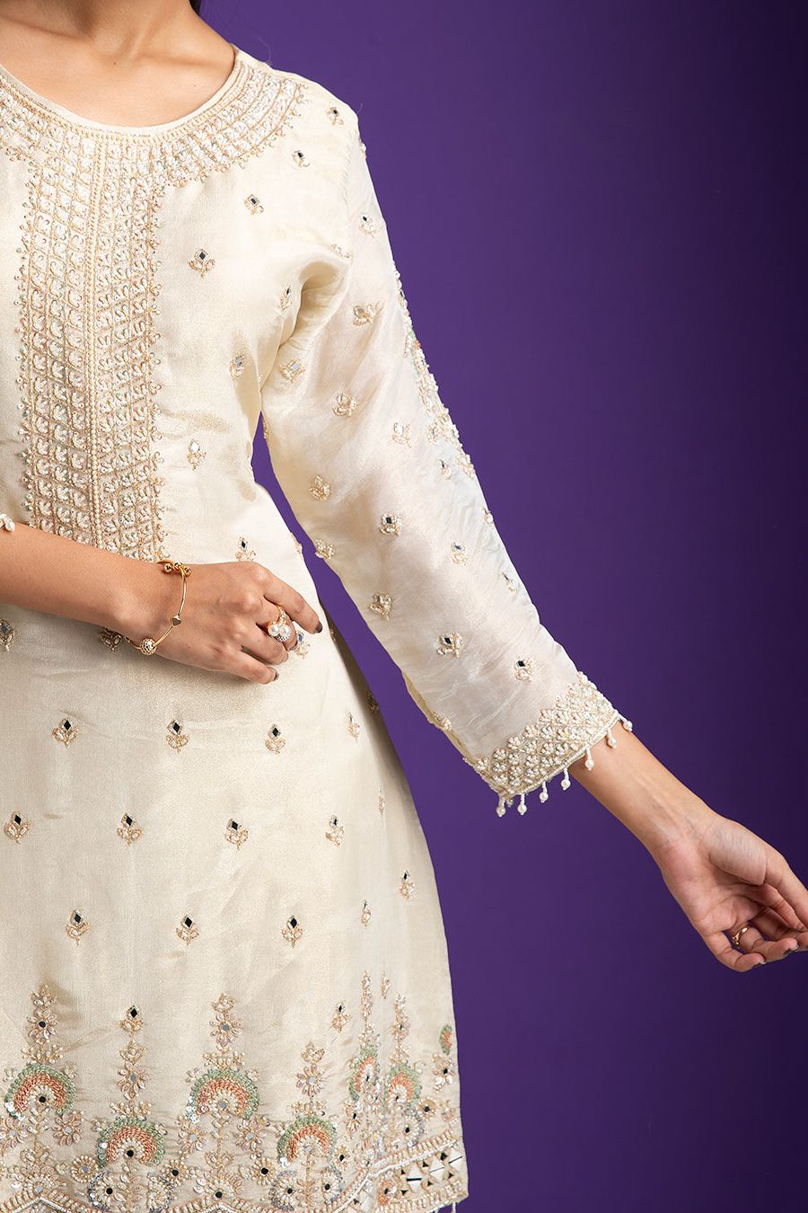 Ivory Embroidered Kurta with Sharara Set - Mokshaa