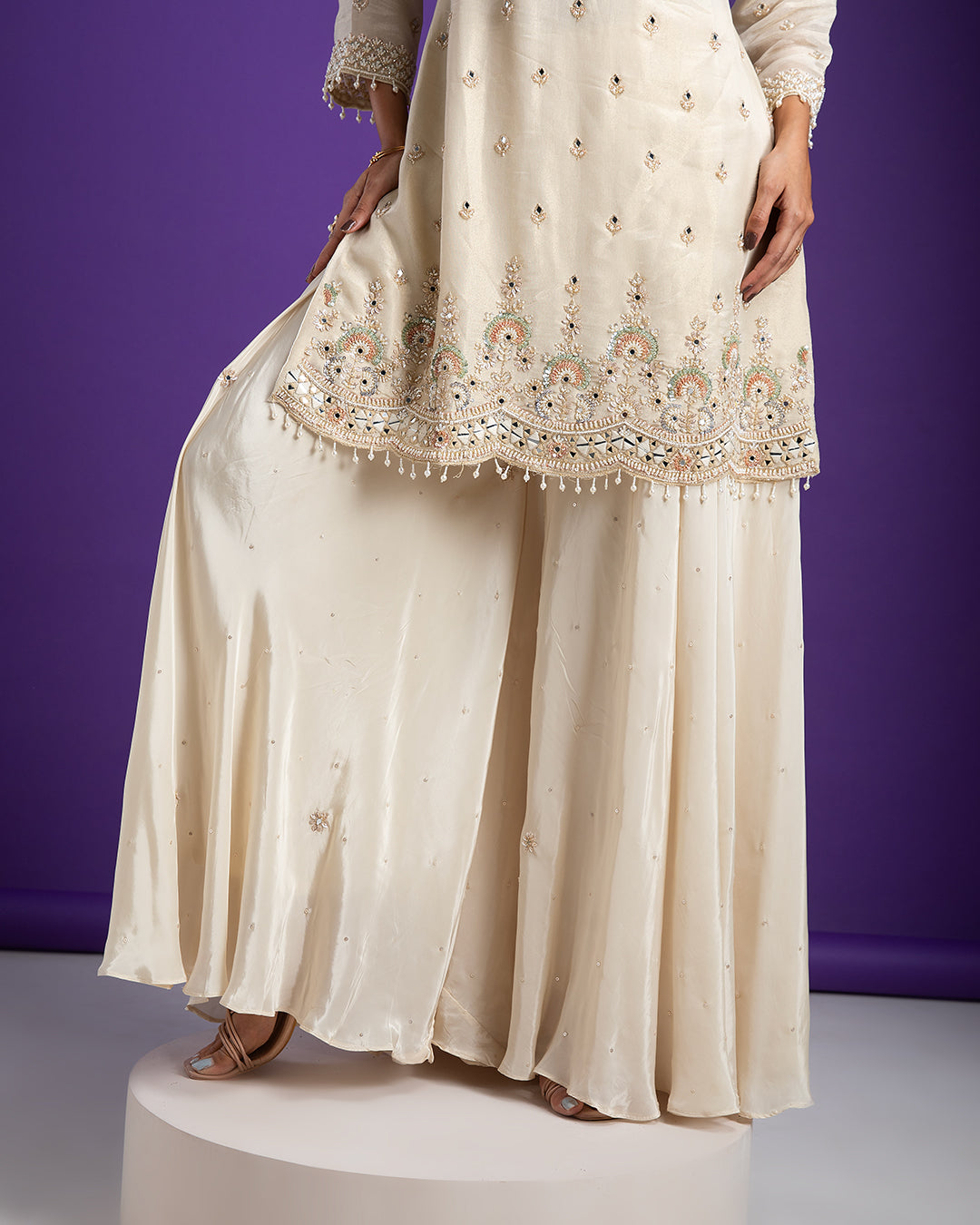 Ivory Embroidered Kurta with Sharara Set - Mokshaa