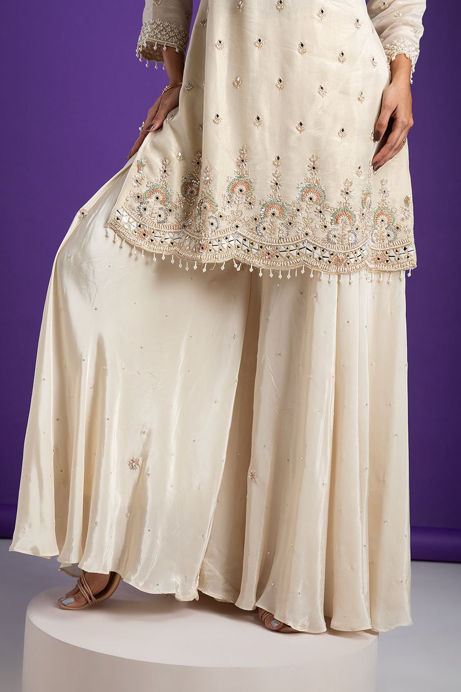 Ivory Embroidered Kurta with Sharara Set - Mokshaa