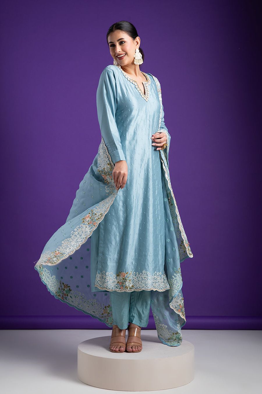 Powder Blue Embroidered Kurta Set with Dupatta - Mokshaa