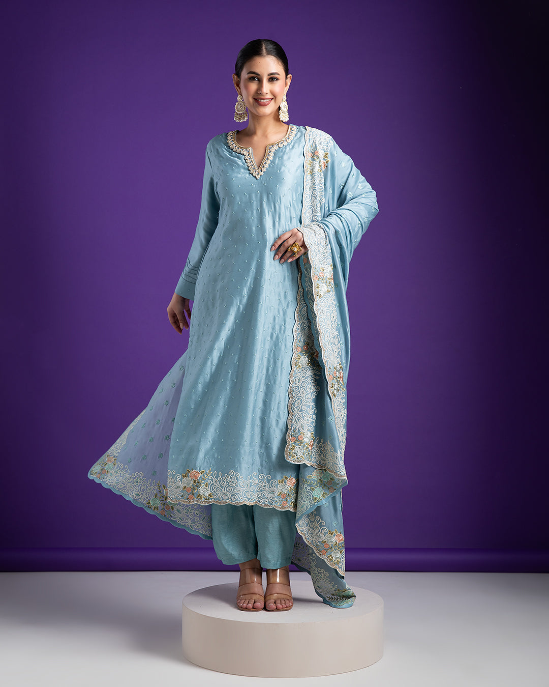 Powder Blue Embroidered Kurta Set with Dupatta - Mokshaa