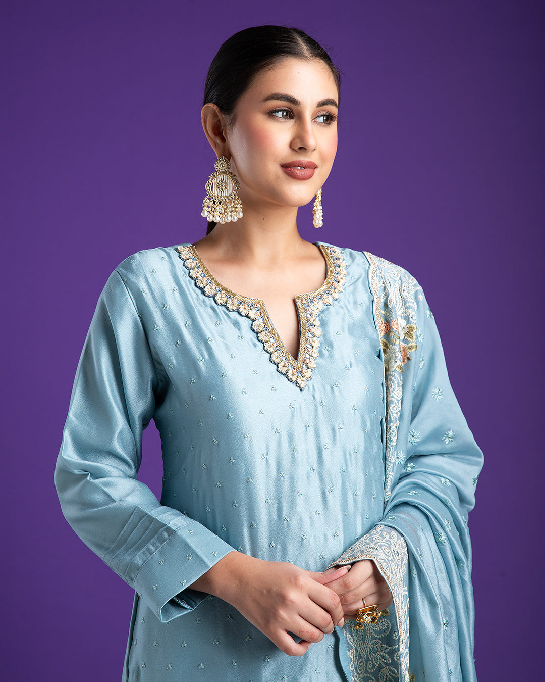 Powder Blue Embroidered Kurta Set with Dupatta - Mokshaa