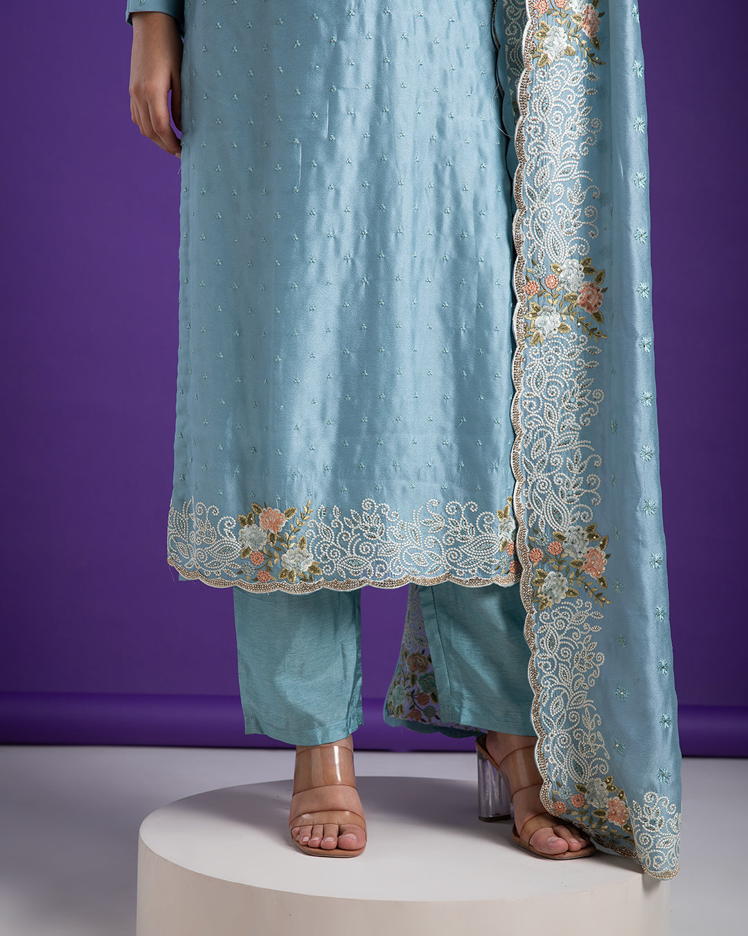 Powder Blue Embroidered Kurta Set with Dupatta - Mokshaa